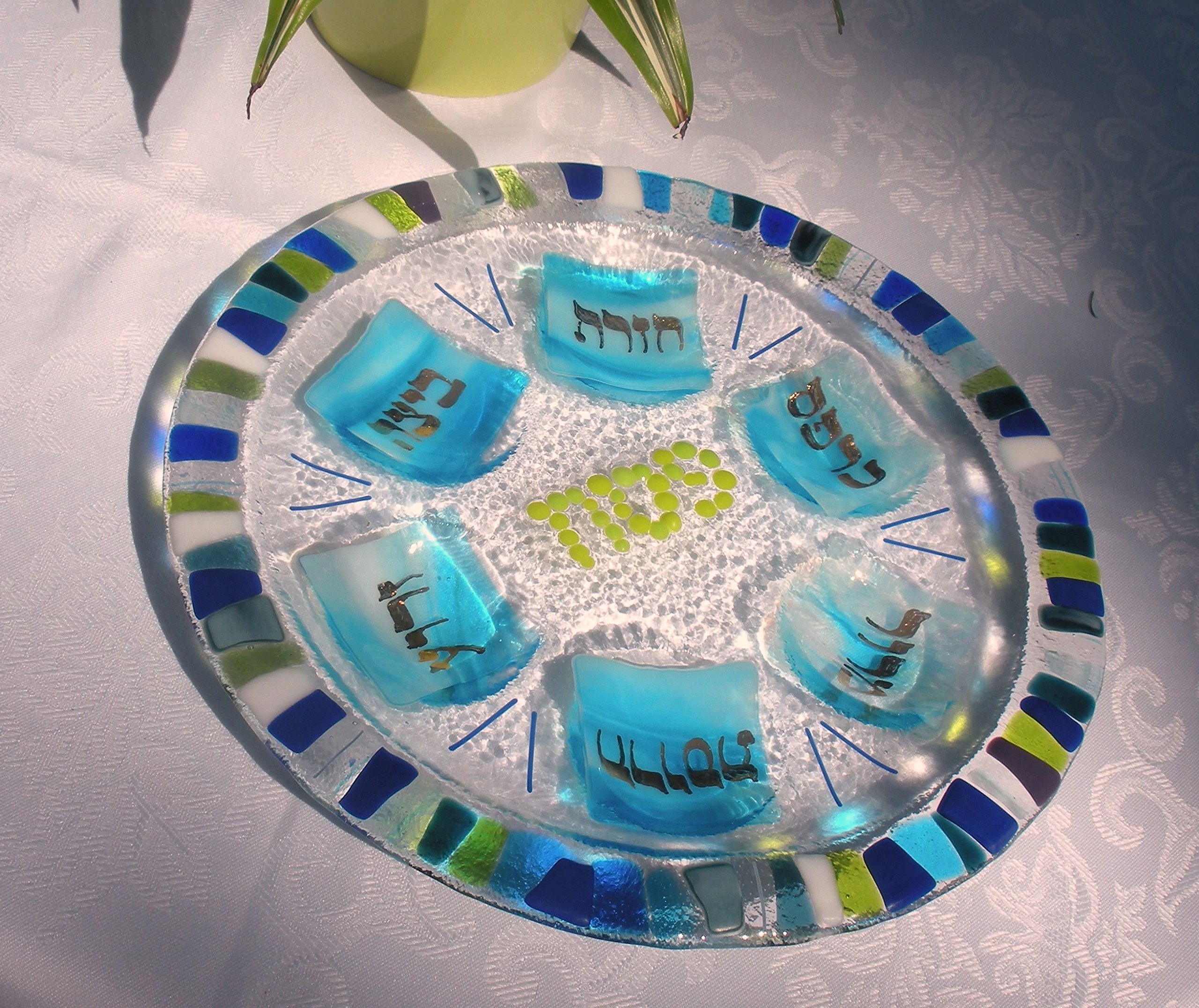 Handmade Mosaic Glass Fused Seder Plate with Hebrew Lettering - Elegant Passover Dinnerware for Jewish Holiday Celebrations by YafitGlass