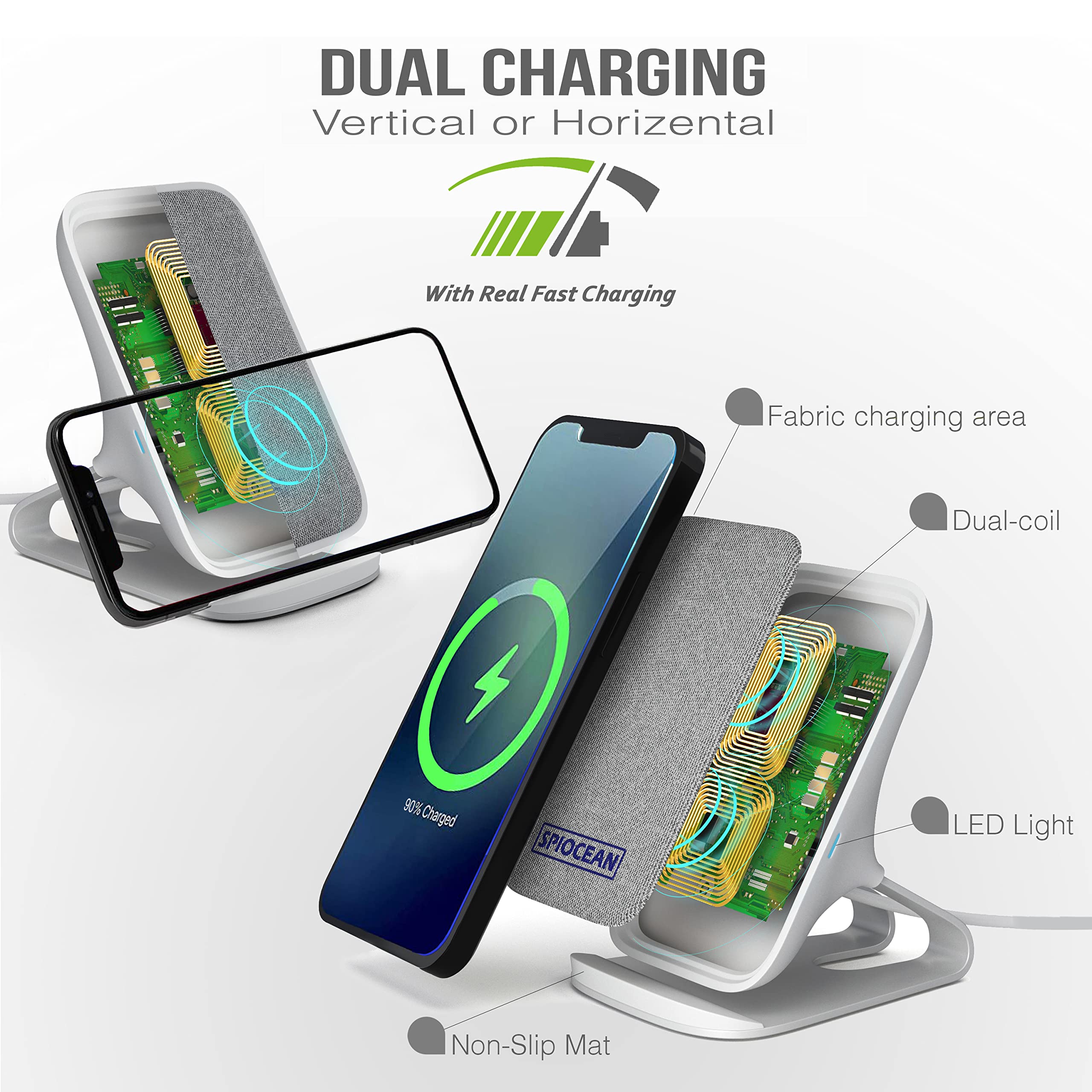 SPIOCEAN Qi-Certified 10W Fast Wireless Charging Stand for iPhone 16/15/14/13/12/11 Pro Max/Mini/SE & Samsung Galaxy S22/S21/S20/S10/Note 20 - Perfect for Bedside, Office Desk & Car Charging (AC Adapter Not Included)