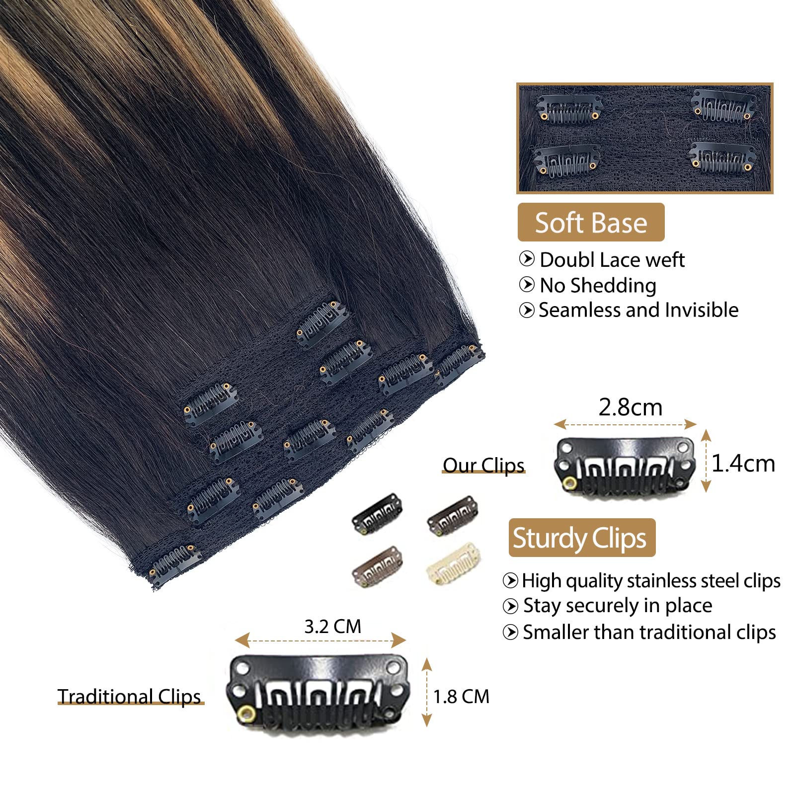 Licoville 4PCS Clip-in Human Hair Extensions 16 Inch - 100G Thick Straight Blonde Ombre Balayage (Black to Caramel Blonde) - Real Remy Hair for Thin Hair - Natural Look & Invisible Lace Clips - Perfect for Daily Wear, Parties & Special Occasions