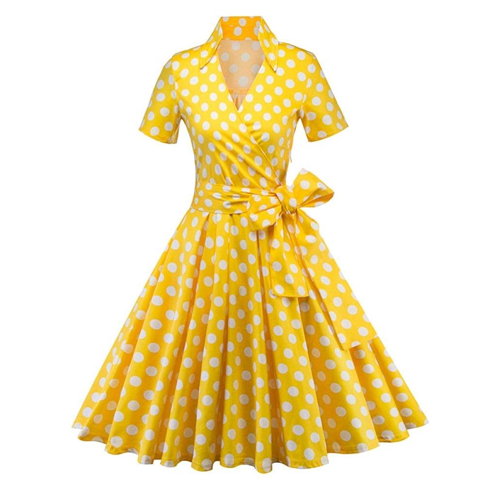 Retro Polka Dot Yellow A-Line Dress for Women - Short Sleeve V-Neck Summer Skirt Dress | Perfect for Beach Vacations, Date Nights & Casual Outings