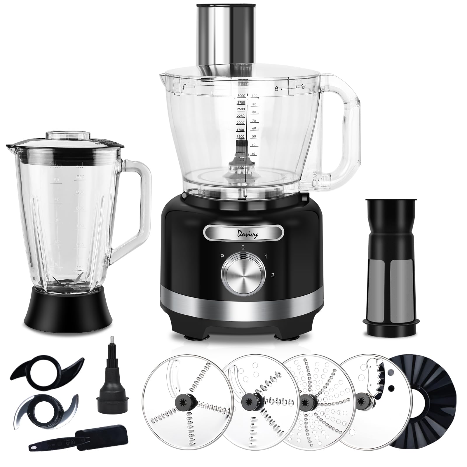 Davivy 16-Cup Food Processor Blender Combo - 600W 10-in-1 for Chopping & Blending - Perfect for Home Cooking