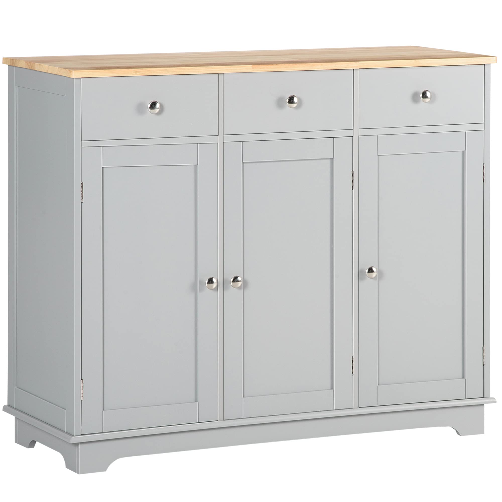 HOMCOM Modern Sideboard with Solid Wood Countertop - Kitchen Storage Cabinet & Coffee Bar with 3 Drawers, Doors & Adjustable Shelf - Gray - Perfect for Dining Room, Living Room & Home Office Organization