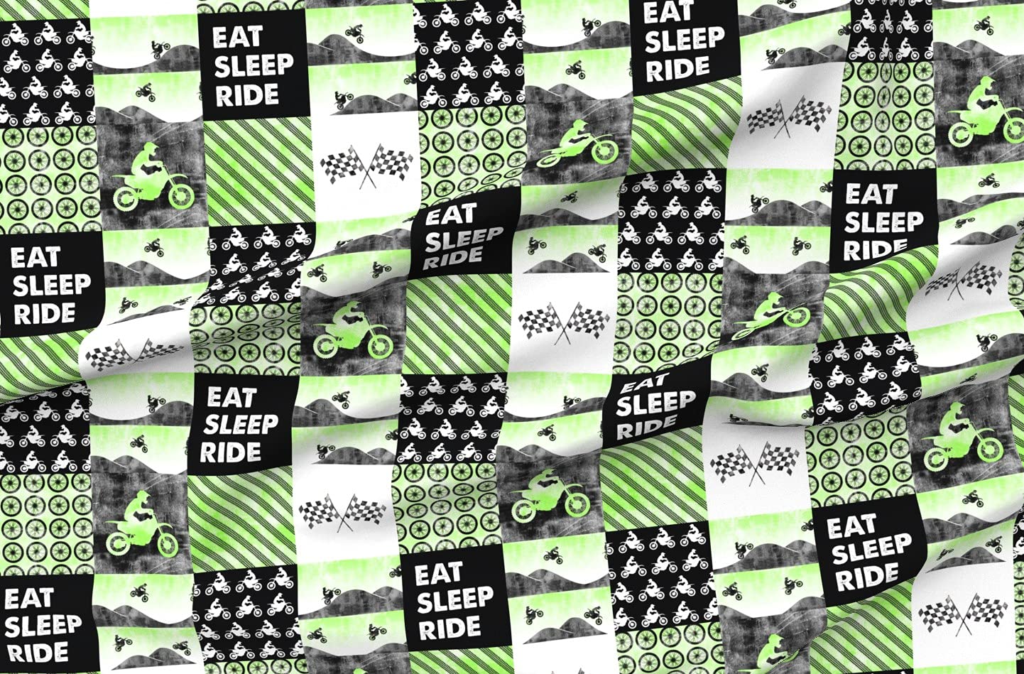 Green Motorcycle Patchwork Cheater Quilt Fabric - Motocross Dirt Bike Eat Sleep Printed on Soft Minky Fabric by The Yard - Perfect for Sewing Baby Blankets, Quilt Backing & Plush Projects - Ideal for Nursery Decor, DIY Crafts & Home Decor