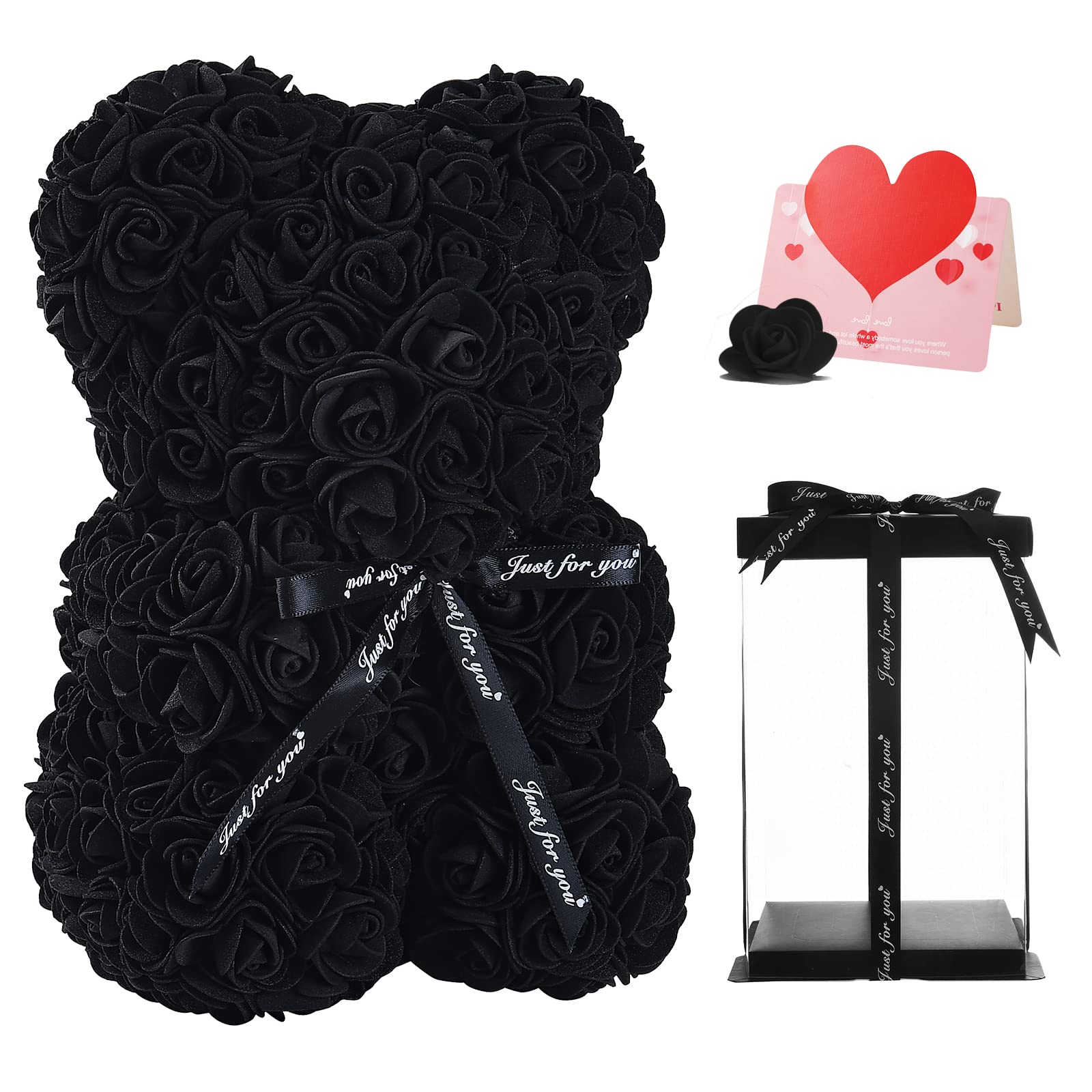 10 Inch Handmade Rose Teddy Bear - Artificial Rose Flower Bear Gift for Women, Valentine's Day, Anniversary, Mother's Day & Wedding (Black) - Perfect Romantic Gift for Girlfriend, Wife & Mom
