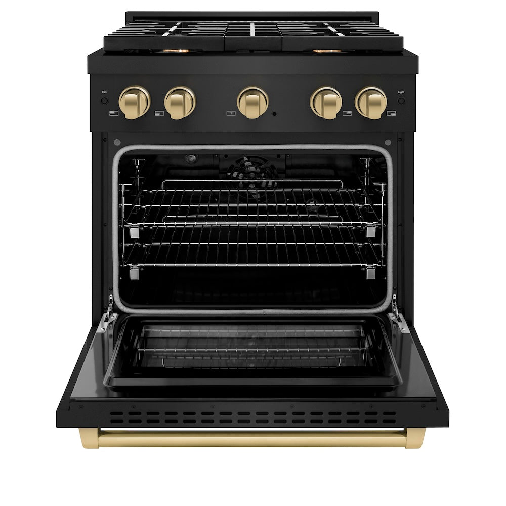 ZLINE Autograph Edition 30-inch 4.2 cu. ft. Dual Fuel Range with 4-Burner Gas Cooktop & Electric Convection Oven - Black Stainless Steel with Champagne Bronze Accents (SDRBZ 30 CB) | Professional Kitchen Appliance for Home Chefs & Cooking Enthusiasts