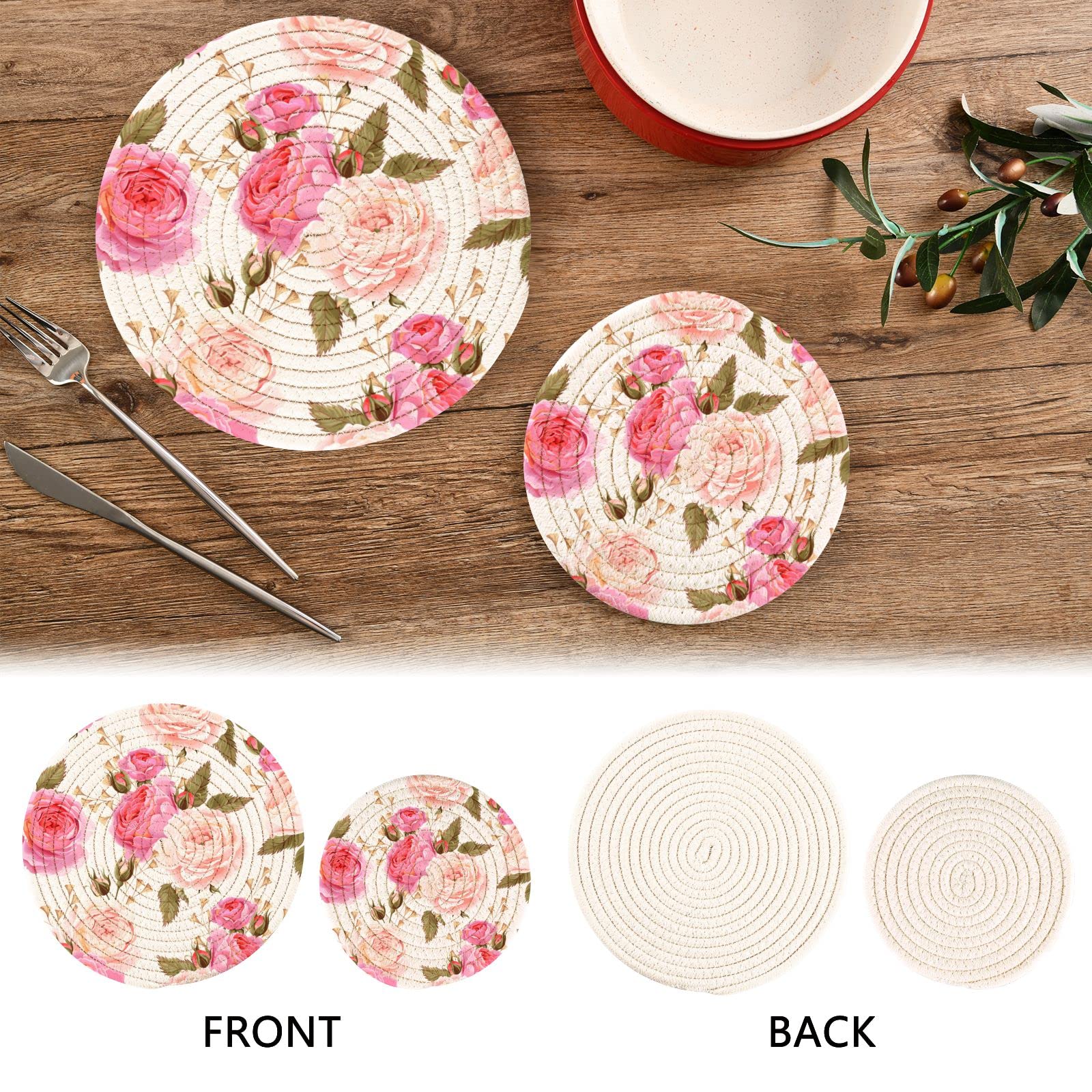 English Roses Flowers Pot Holder Trivet Set of 2 - Heat Resistant Thread Weave Hot Pads for Hot Dishes (7 & 9 Inches) - Perfect for Kitchen, Dining Table & Serving Hot Pots