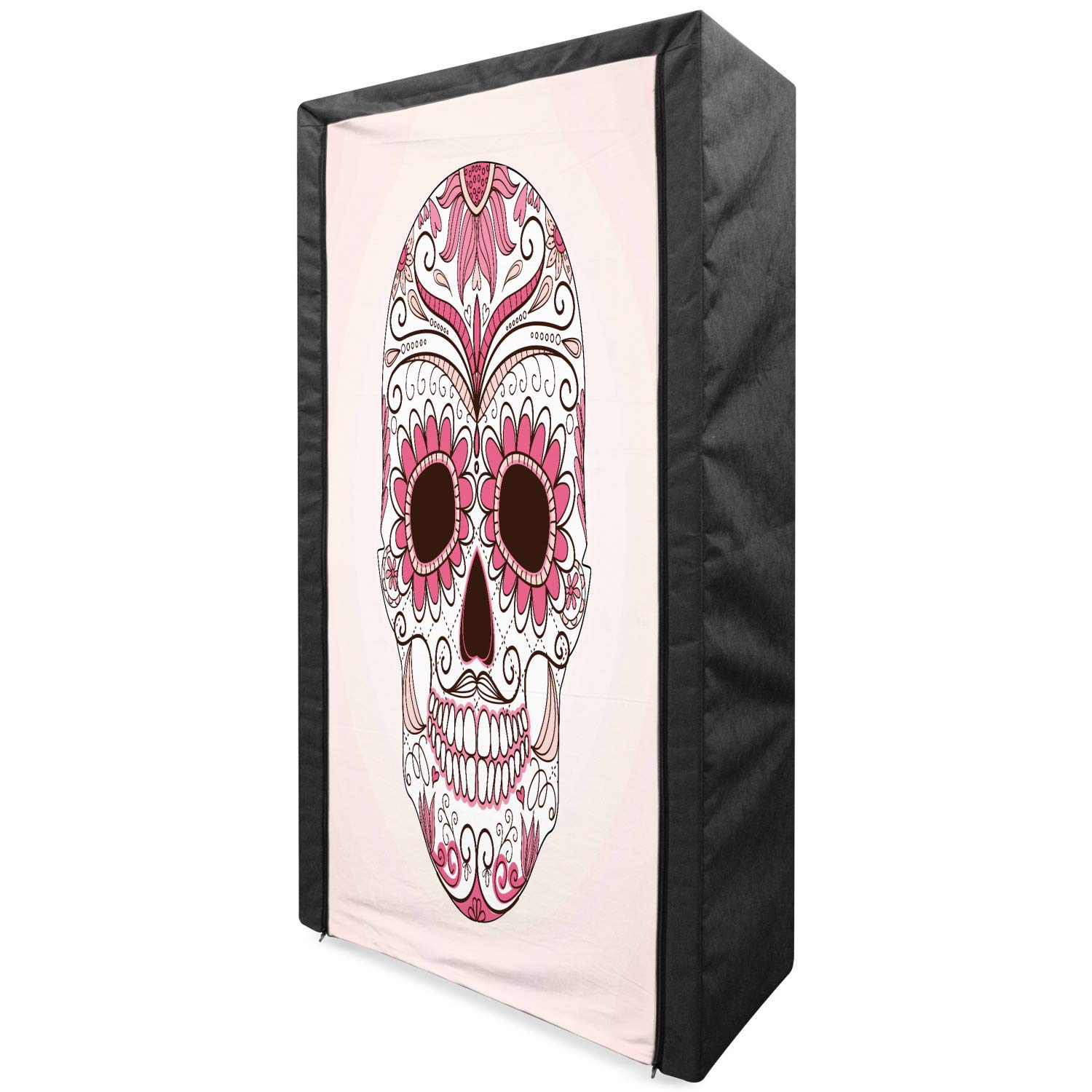 Ambesonne Sugar Skull Fabric Wardrobe | Mexican Folk Art Inspired Portable Closet with Shelves | 33.5 Inch Clothing Organizer in Pale Pink & White | Perfect for Bedroom, Dorm, or Apartment Storage