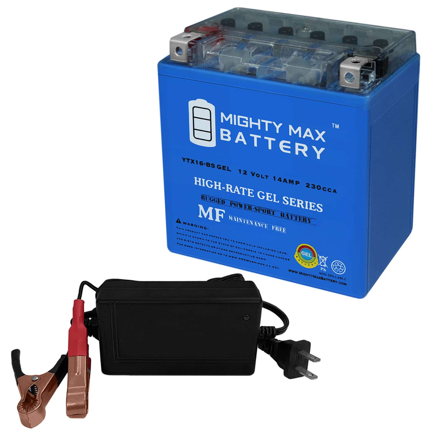 Mighty Max YTX16-BSGEL 12V 18Ah AGM Gel Motorcycle Battery for Suzuki VL1500 Boulevard - Includes 12V 4Amp Smart Charger - Perfect for Motorcycle, ATV, Scooter & Powersports Vehicles