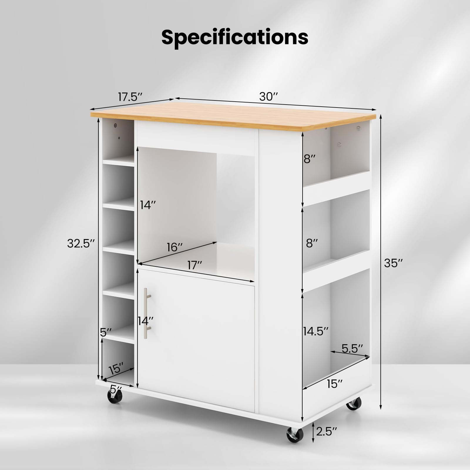 Giantex Mobile Kitchen Island Cart with Storage Cabinet, Bamboo Top & Wheels - 6-Bottle Wine Rack, 3-Tier Spice Rack, Towel Holder - White Rolling Microwave Stand for Small Spaces, Dining Room, Coffee Bar & Apartment Cooking