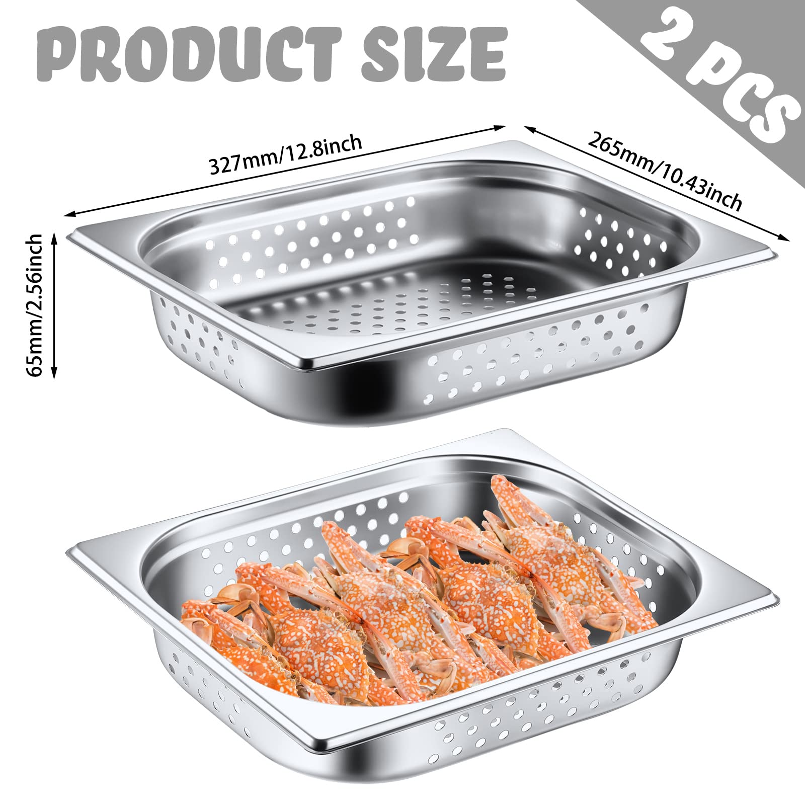 Lounsweer 2-Pack Stainless Steel Half Size Perforated Hotel Pans - Commercial Steam Table Pans for Catering, Restaurants & Kitchen Use (12.8