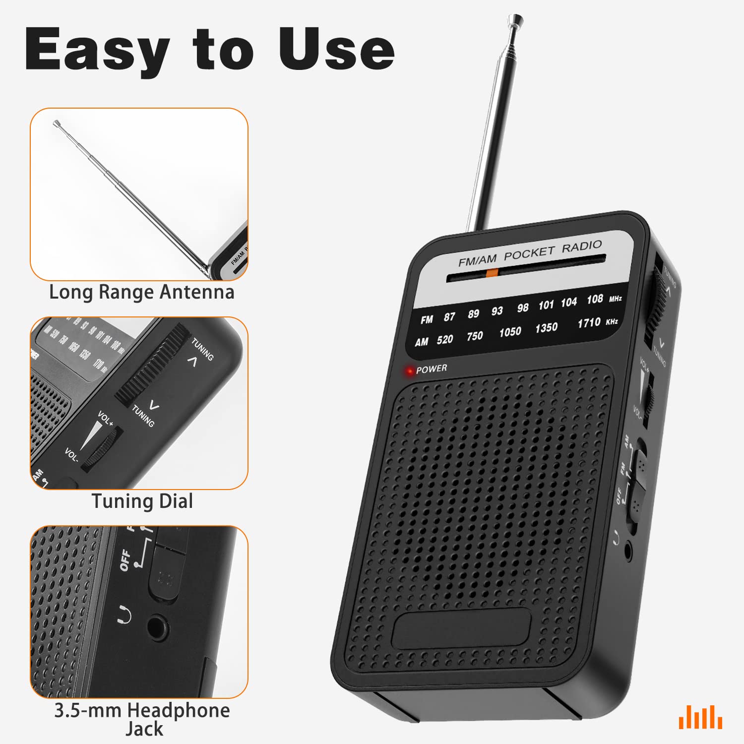 Portable AM FM Radio with Long Range Reception - Transistor Radio with Loud Speaker, Headphone Jack & 2AA Battery - Perfect for Home, Outdoor, Camping, and Emergency Situations