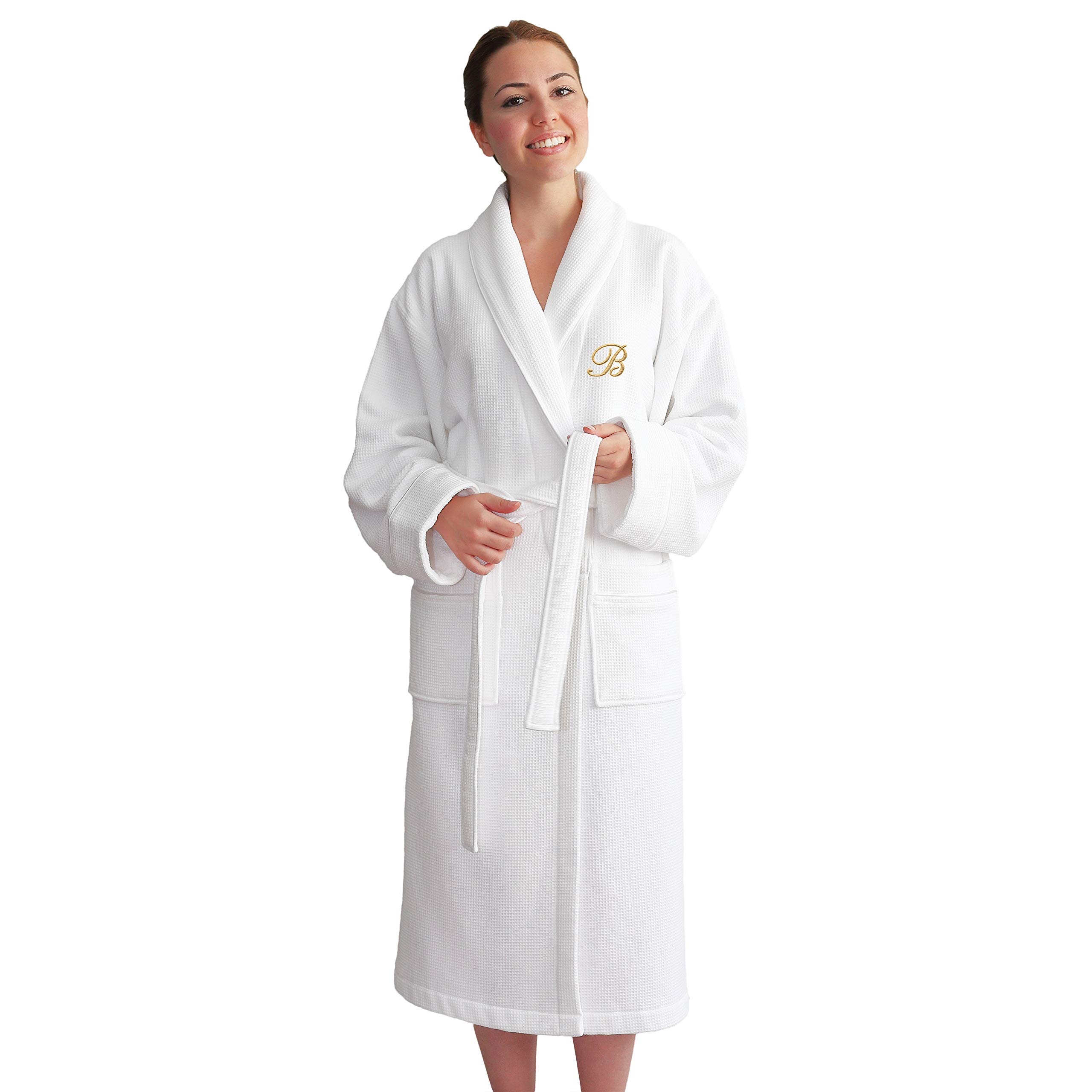 Premium Unisex Gold Monogrammed Turkish Cotton Waffle Weave Terry Bathrobe - White & Gold - Size L/XL - Soft Luxury Spa & Hotel Style Robe for Relaxation, Bridal Showers & Gifts