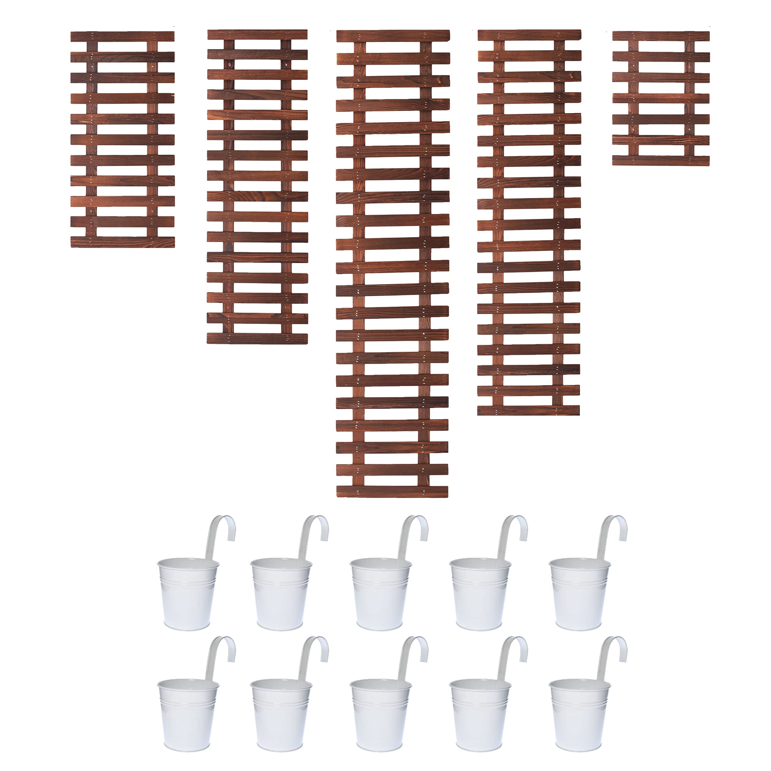 6 Inch White Metal Hanging Flower Pots (10 Pack) + 5-Piece Wooden Plant Holder Set - Vertical Garden Kit for Indoor/Outdoor Decor, Herb Garden, Green Wall Mounting | Perfect for Balcony, Patio, Living Room & Home Gardening