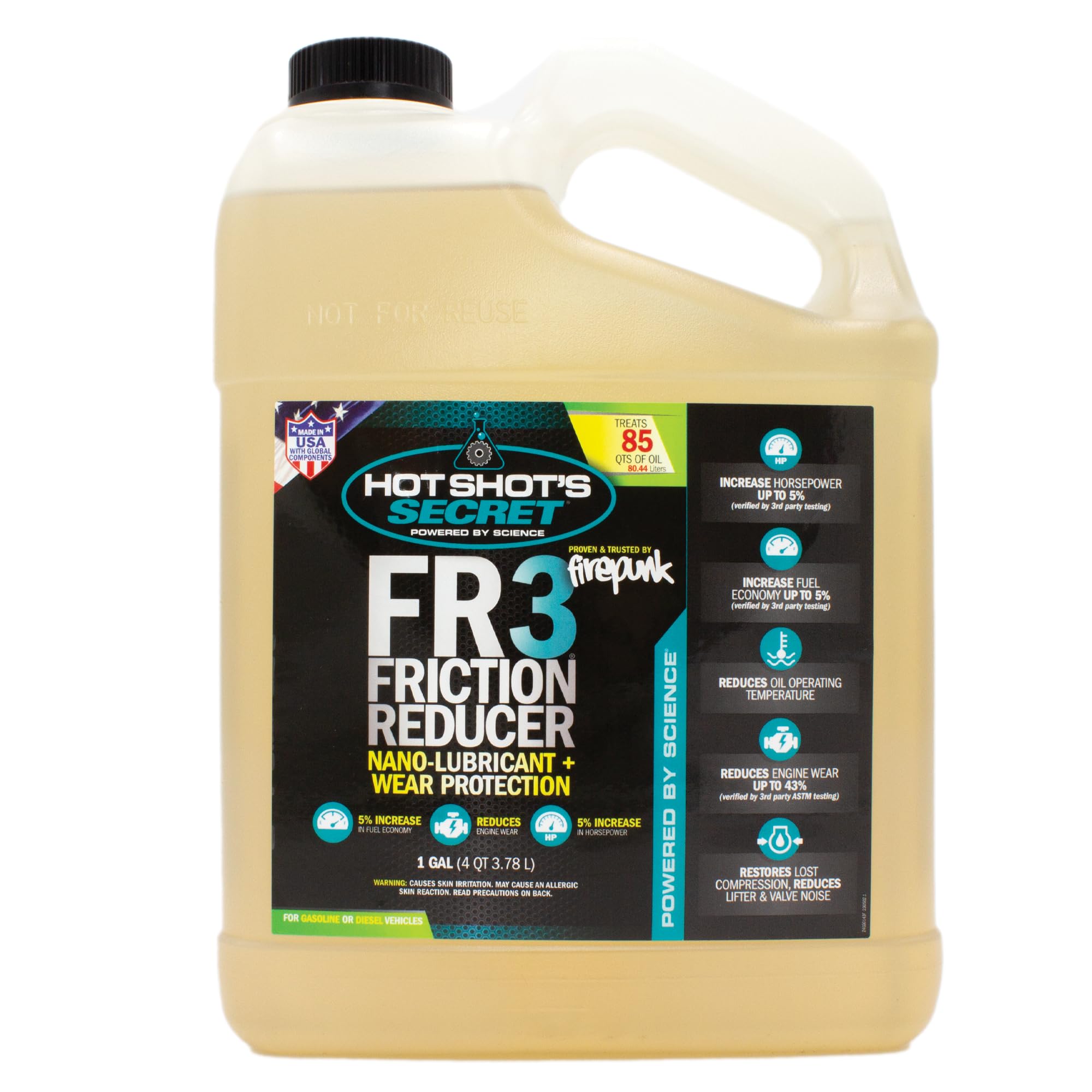 Hot Shot's Secret FR3 Synthetic Friction Reducer - 1 Gallon Engine Oil Additive for Gas & Diesel Engines | Improves Performance, Protects Engine & Boosts Fuel Economy | Ideal for Trucks, SUVs & Heavy-Duty Vehicles