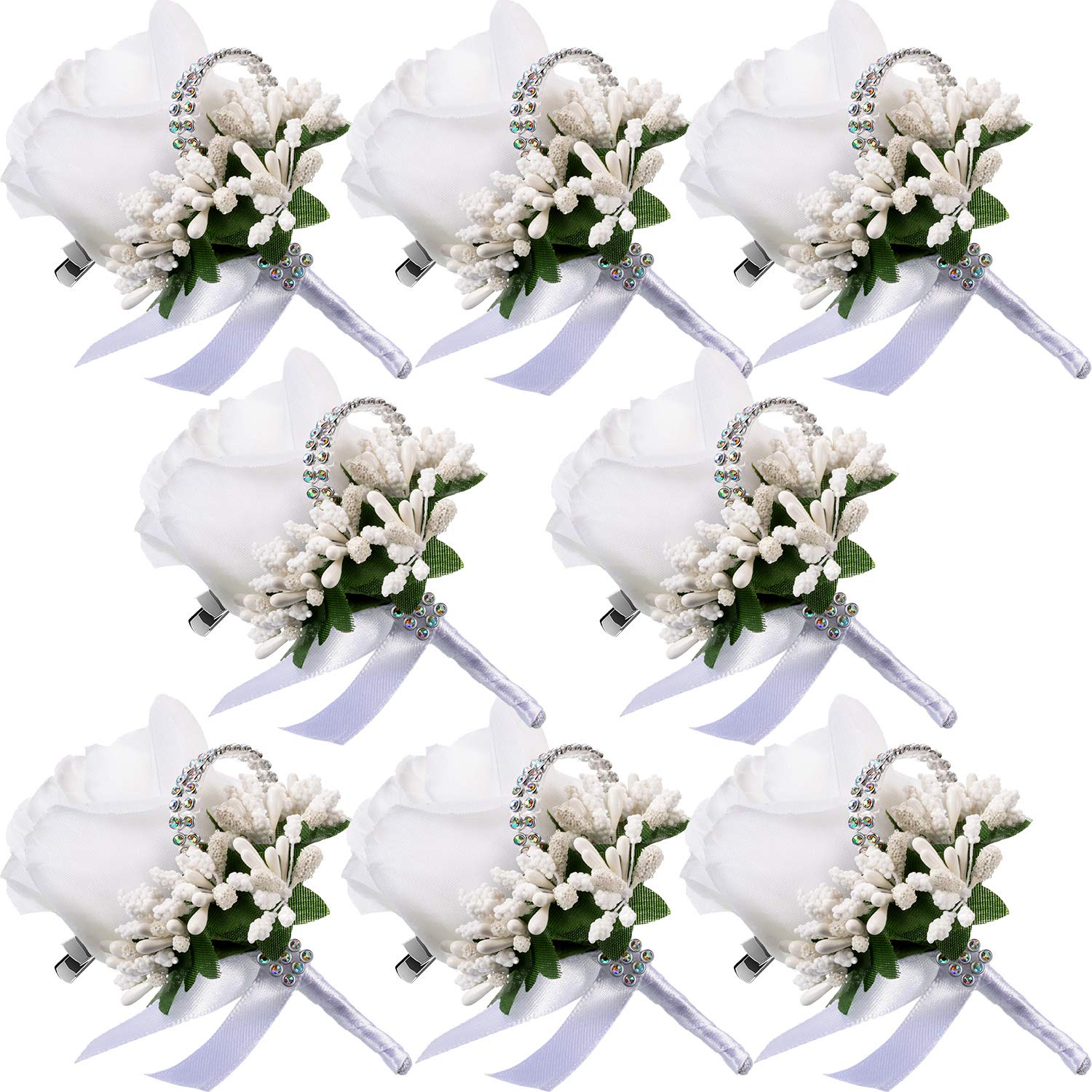 Men's Wedding Boutonniere - Elegant White Silk Flower Buttonholes for Groom & Groomsmen - Perfect for Weddings, Prom, Parties & Suit Decoration (Set of 8, White)