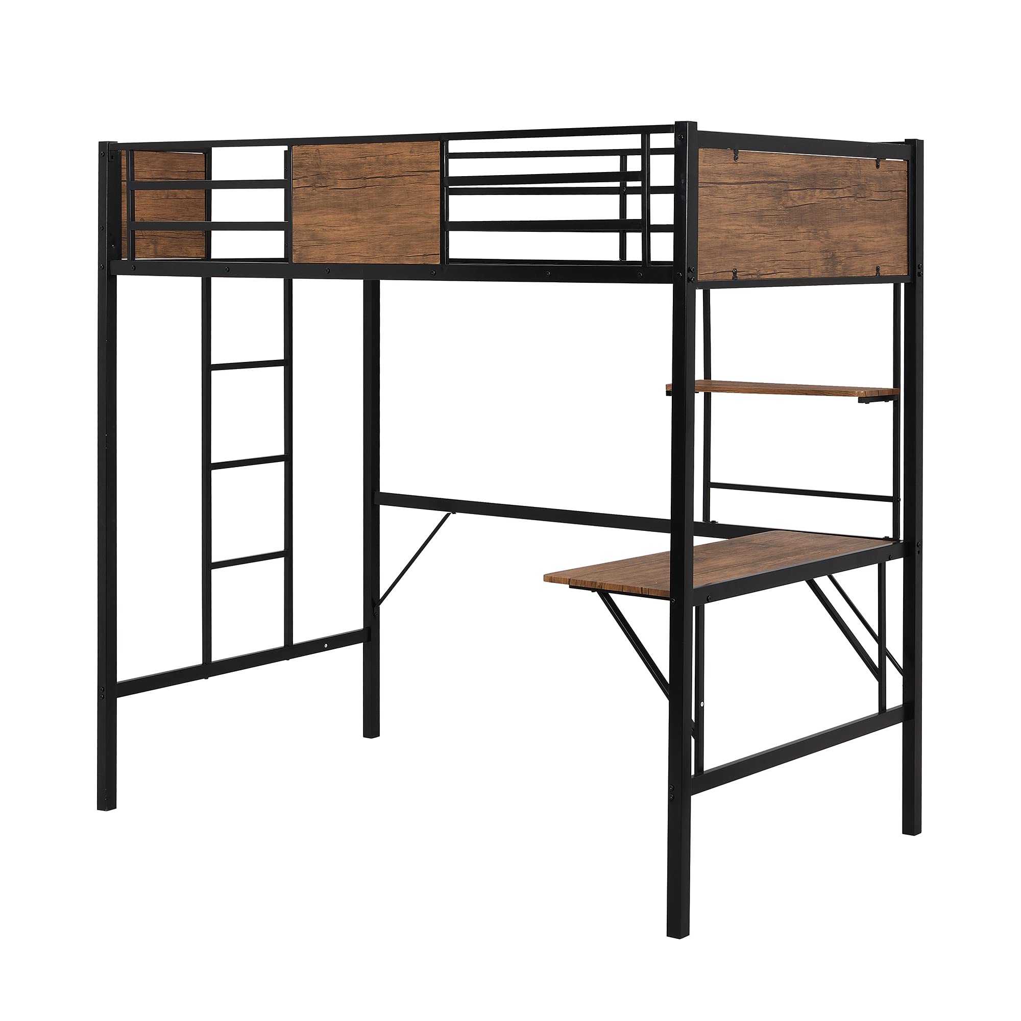 Metal Loft Bed with Desk & Storage Shelves - Twin Size Study Bed with Full-Length Guardrail & Built-in Ladder - No Box Spring Needed (Black Frame with Gray Boards) - Perfect for Small Bedrooms, Dorm Rooms & Home Office Spaces