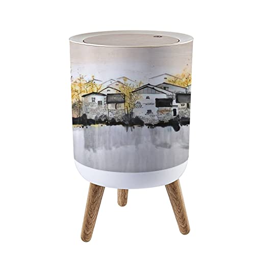 Small Trash Can with Lid - Hand-Painted Chinese Traditional Ink Design - 1.8 Gallon Round Garbage Bin with Press Cover - Dog Proof Wastebasket for Kitchen, Bathroom, Living Room - Perfect for Home Decor and Waste Management