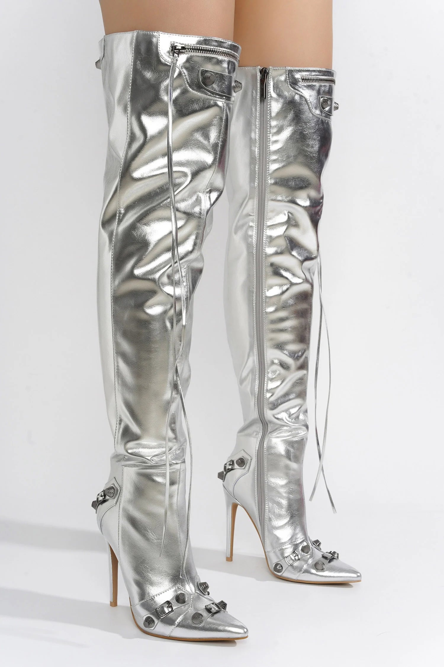 Paola Women's Over The Knee Boots - Silver High Heel Thigh High Boots for Party, Night Out & Winter Fashion