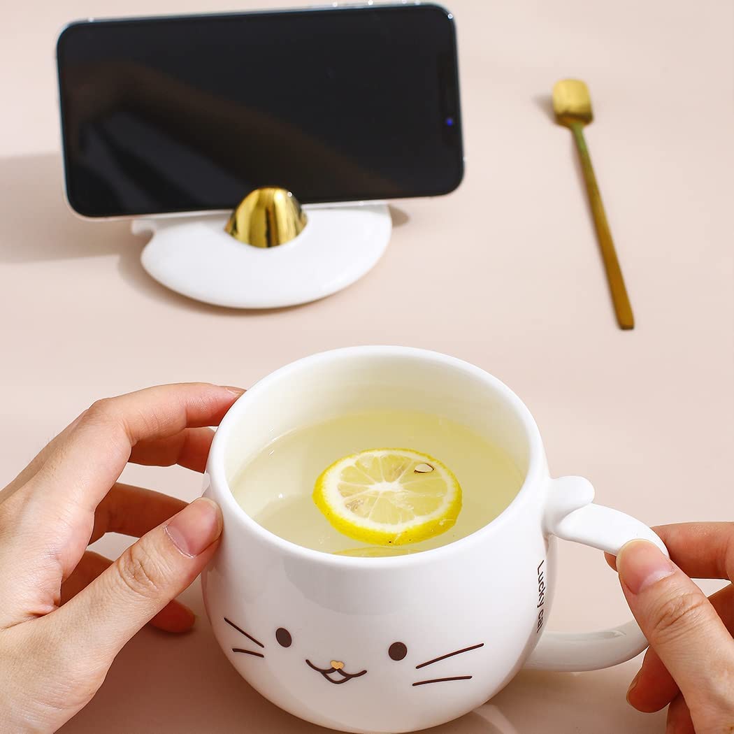 Cute Cat Ceramic Coffee Mug with Spoon & Phone Holder - Novelty Gift for Cat Lovers, Women, Girls, Mom - Perfect for Christmas, Valentine's Day, Birthday - Ideal for Home, Office, Coffee Break (White)