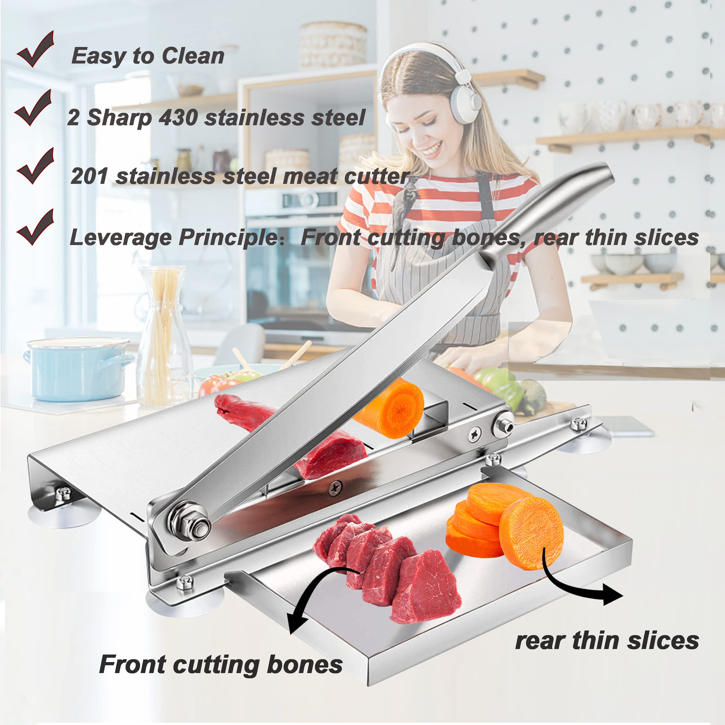 Premium Stainless Steel Bone Cutter - Heavy Duty Manual Meat Slicer for Beef, Ribs, Chicken & Fish - 15.3 Inch Commercial & Home Kitchen Knife with 2 Sharp Blades - Perfect for Butcher Shops, Restaurants & Home Cooking