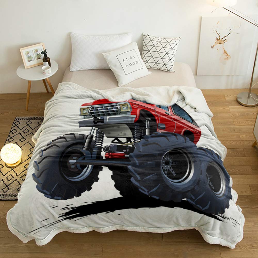Cartoon Monster Truck Sherpa Throw Blanket - Super Soft Flannel Fleece Blanket for Winter, 40x50 Inch Plush Heated Blanket for Couch & Bed - Cozy Fall & Winter Warmth for Kids & Adults