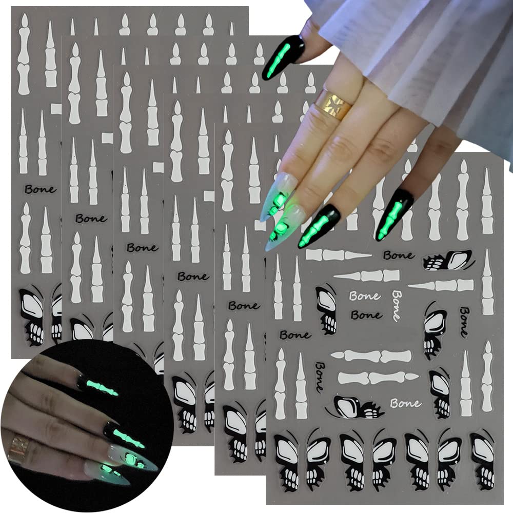 Glow in The Dark Halloween Nail Art Stickers - 3D Self-Adhesive Nail Decals for Halloween Party, Candlelight Events & Costume Makeup (6 Sheets) - Spooky Butterfly & Joint Designs for Nail Decorations