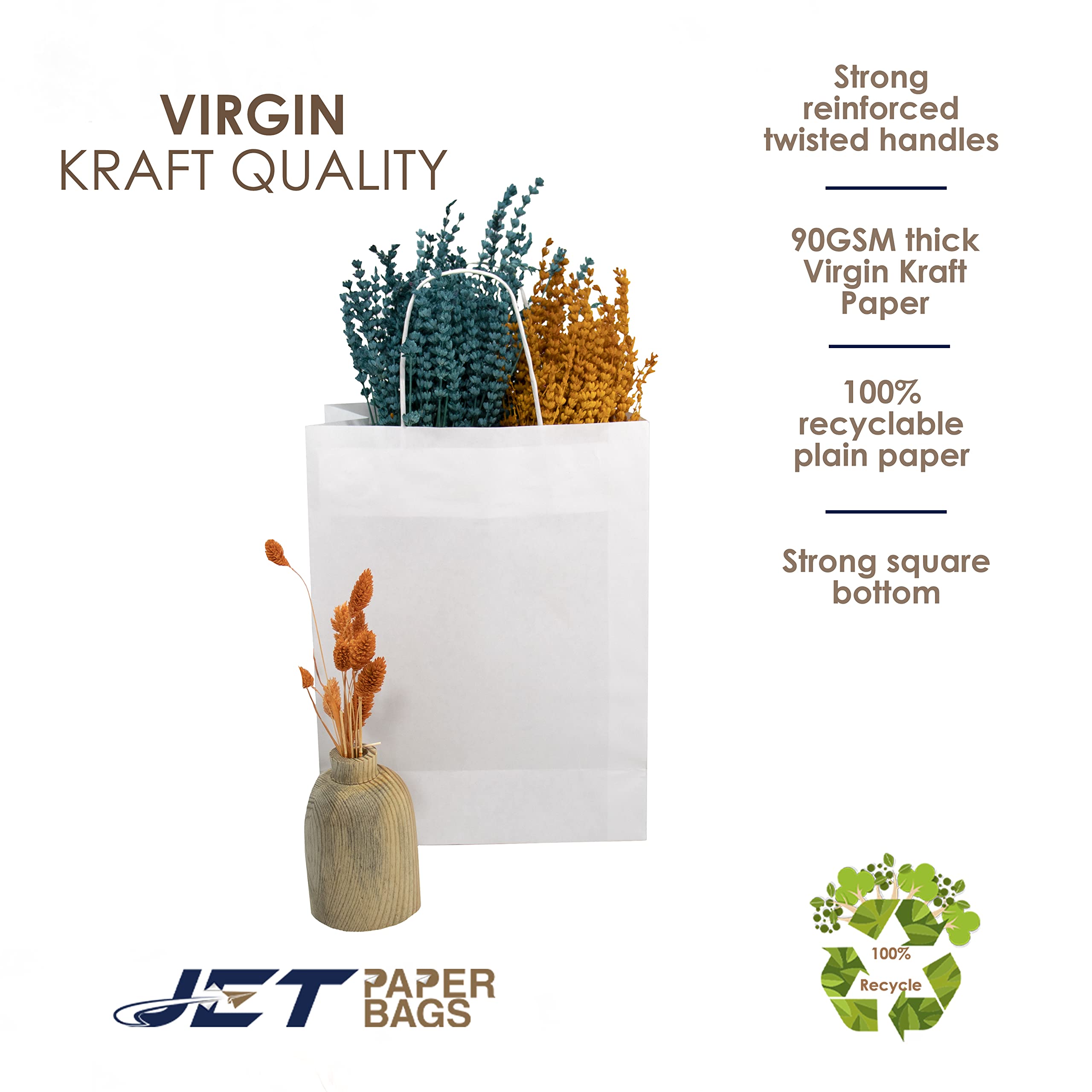 JET PAPER BAGS 13x7x17 Inches (250 Count) - White Kraft Paper Bags with Twisted Handles for Retail, Grocery, Party Favors & Gift Packaging | Eco-Friendly Recyclable Shopping Bags for Takeout, Wedding Favors & Craft Projects