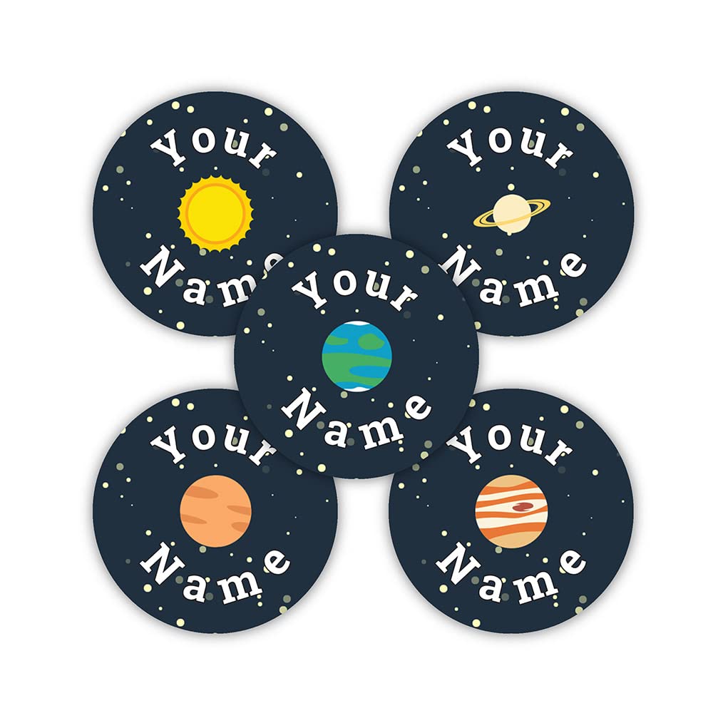 Personalized Waterproof Name Labels - 30 Round Custom Stickers (Planets Theme) | Dishwasher & Microwave Safe | Ideal for School Supplies, Daycare Items & Camping Gear Organization