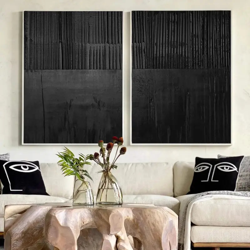 Black Minimalist Textured Painting Canvas Set of 2 - Modern Abstract Wall Art for Living Room & Bedroom Decor - #MZ028