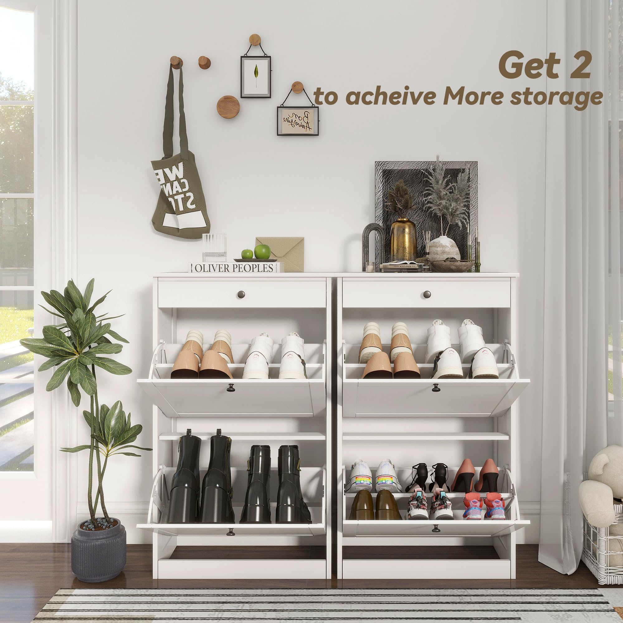 2-Tier Flip-Drawer Shoe Cabinet - Slim Freestanding Hidden Shoe Organizer with Storage Drawers - Pet-Proof Entryway Shoe Storage for Living Room, Hallway & Behind Door - White - Perfect for Small Spaces & Apartment Organization
