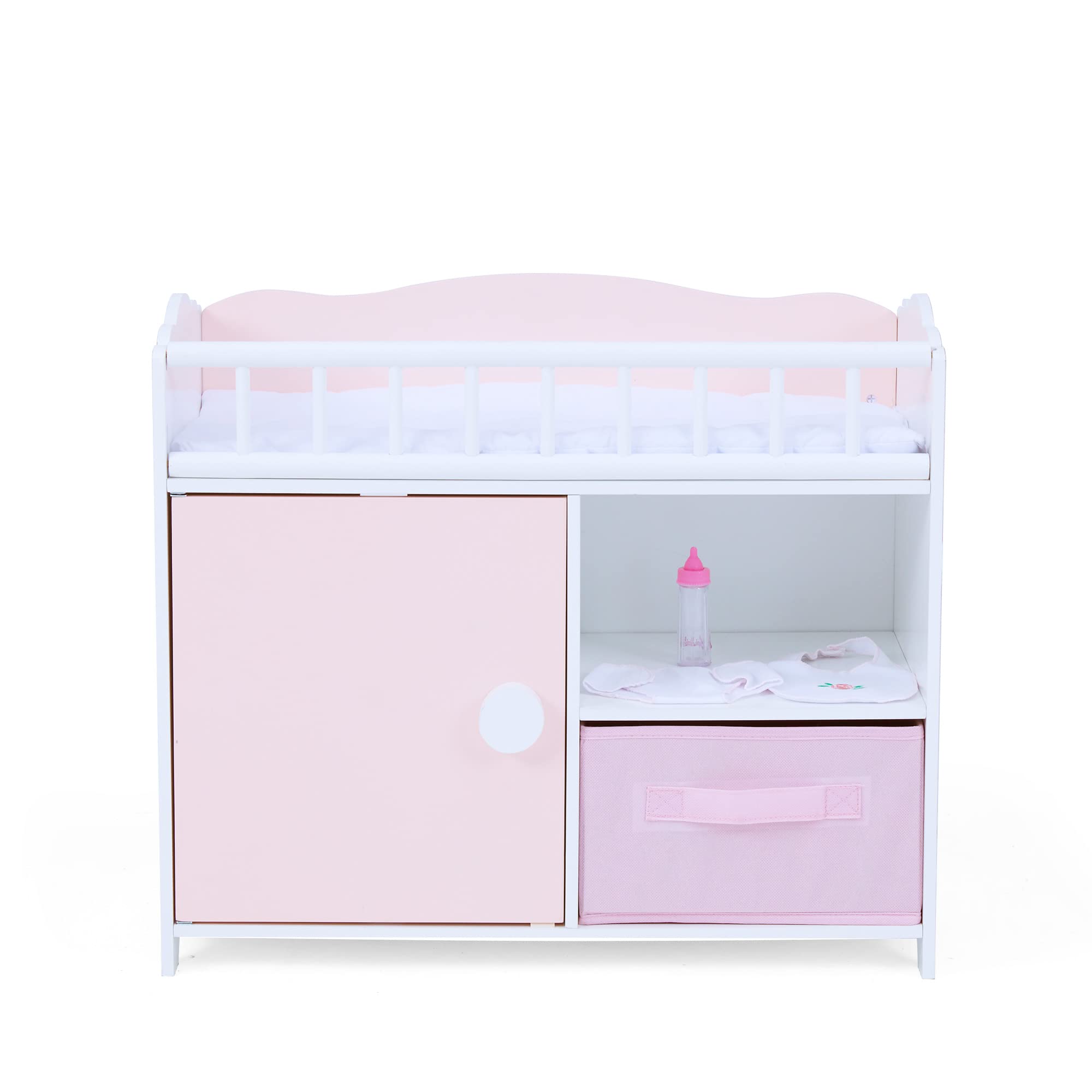 Olivia's Little World Pink and White Polka Dot Princess Wooden Baby Doll Crib with Under-Crib Storage - Cabinet with Door & 2 Cubbies | Perfect for Pretend Play, Nursery Decor & Gift for Toddlers