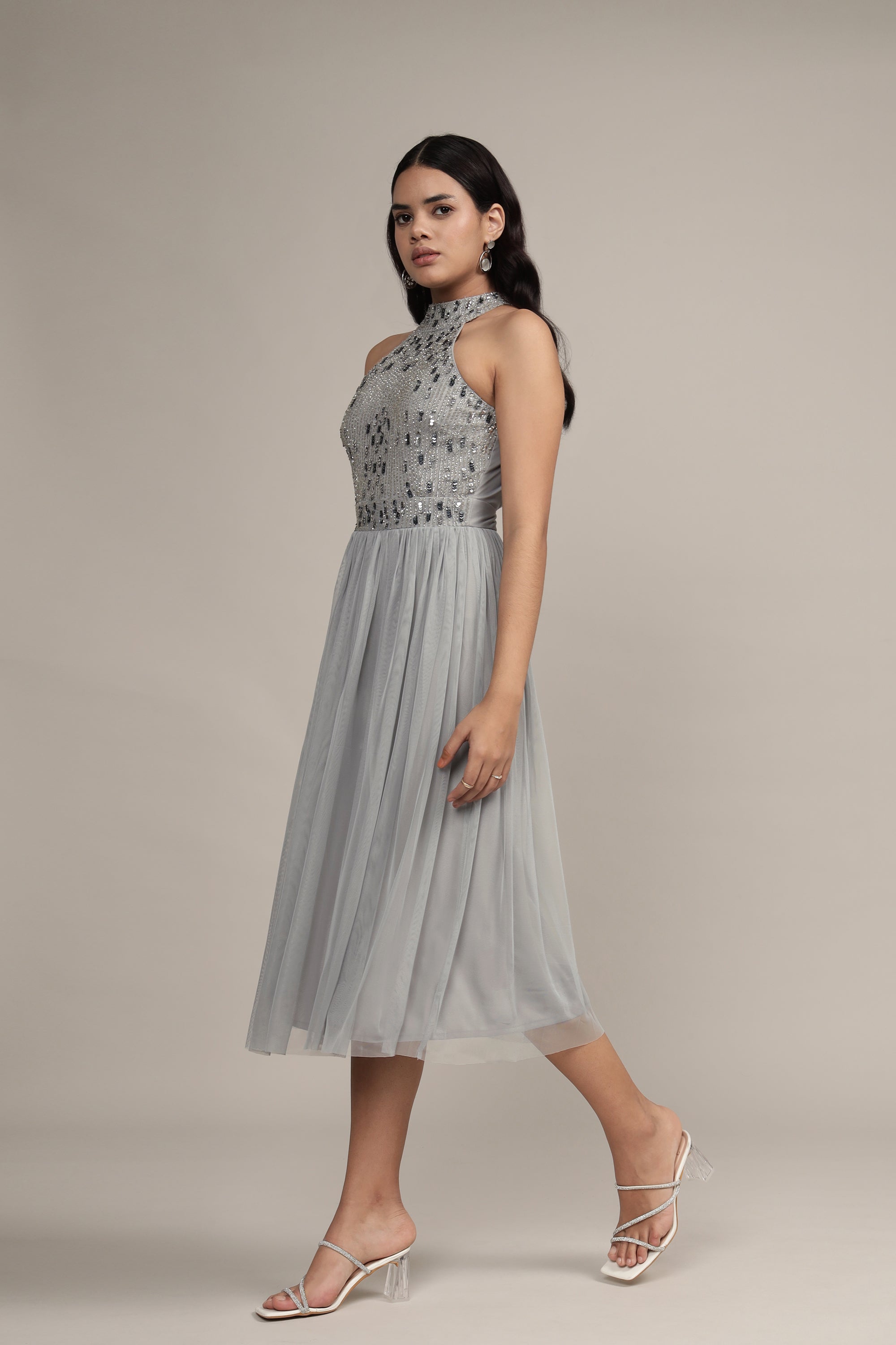 Jessa Midi Dress in Grey - Elegant Women's Casual & Party Dress for Work, Date Night & Special Occasions