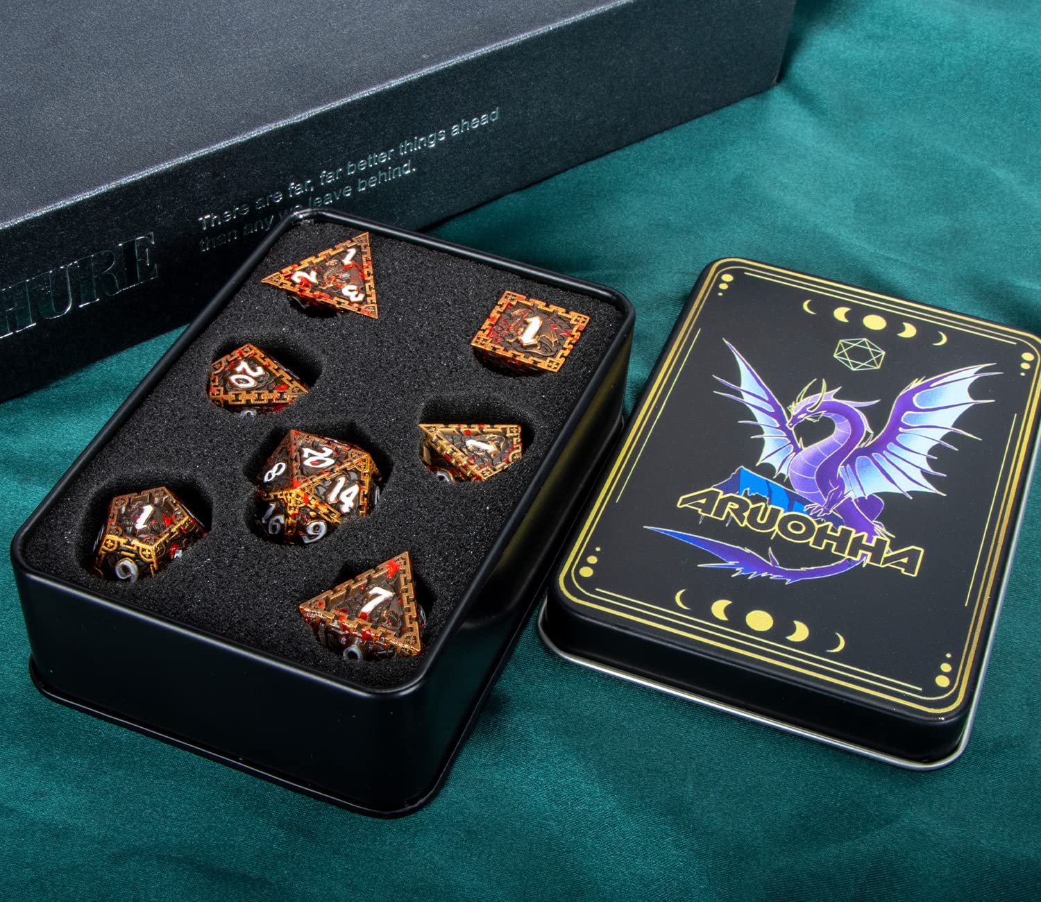ARUOHHA 7PCS DND Metal Dice Set - Antique Gold Blood Polyhedral Dice for Dungeons & Dragons RPG, D&D Dice Set with D20 D12 D10 D8 D6 D4 - Perfect for Tabletop Gaming, Role Playing Games & Collectors - Comes with Elegant Gift Box