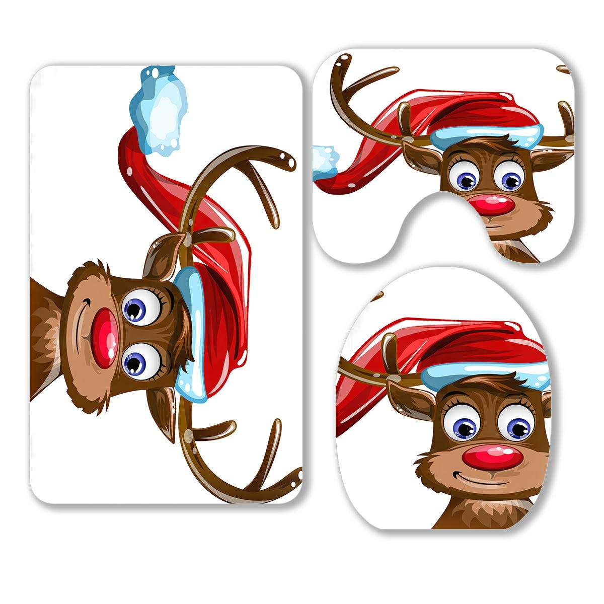ECZJNT 3-Piece Bathroom Rug Set - Fawn Hat Santa Claus White Bath Mat, Contour Mat & Toilet Lid Cover | Non-Slip Soft Absorbent Rugs for Bathroom Decor & Holiday Home Decor
