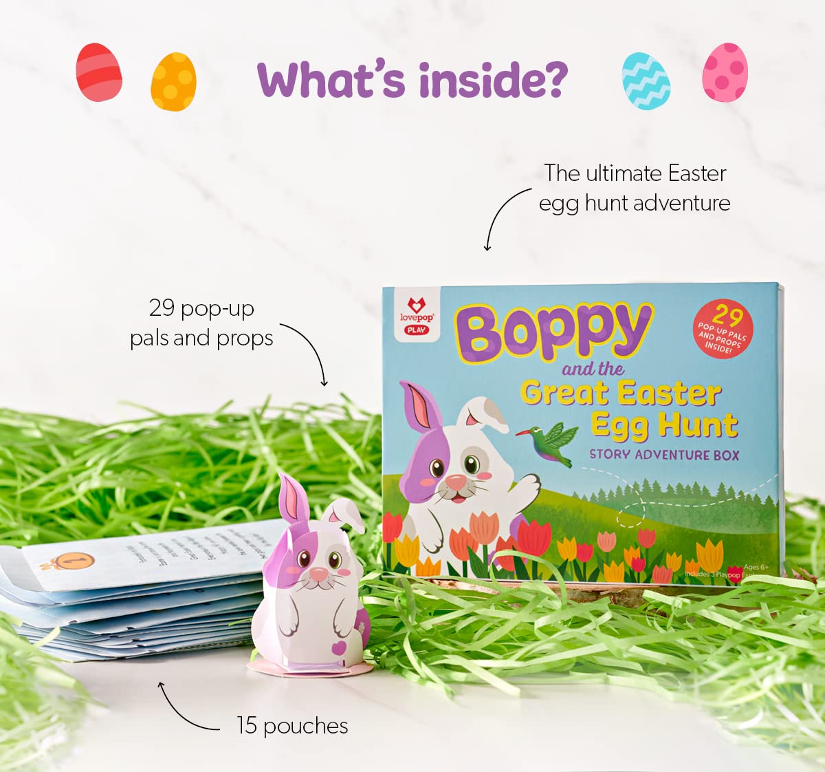 Lovepop Boppy Easter Egg Hunt Adventure Box - 29 Mini Pop-Up Characters Easter Gift Basket for Kids (6.45