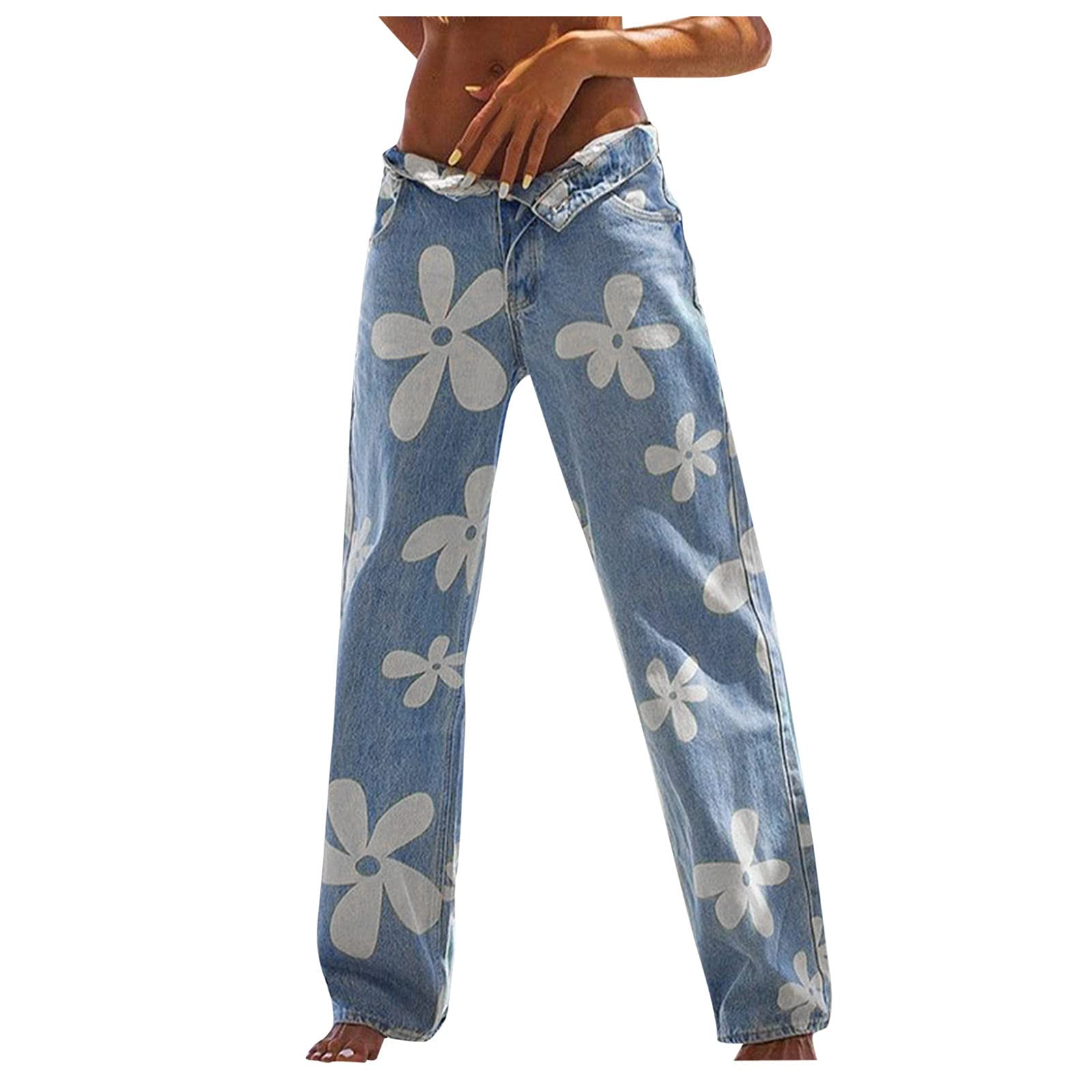Qvkarw Women's High Waisted Jeans - Autumn Stretch Slim Fit Floral Print Pockets - Cute & Comfortable for Casual Wear, Dating, and Office Outfits