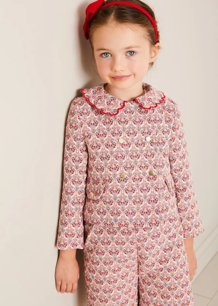 Red Iris Jacquard Statement Collar Jacket for Girls (4-12 Years) - Elegant Party Wear & Special Occasion Outfit