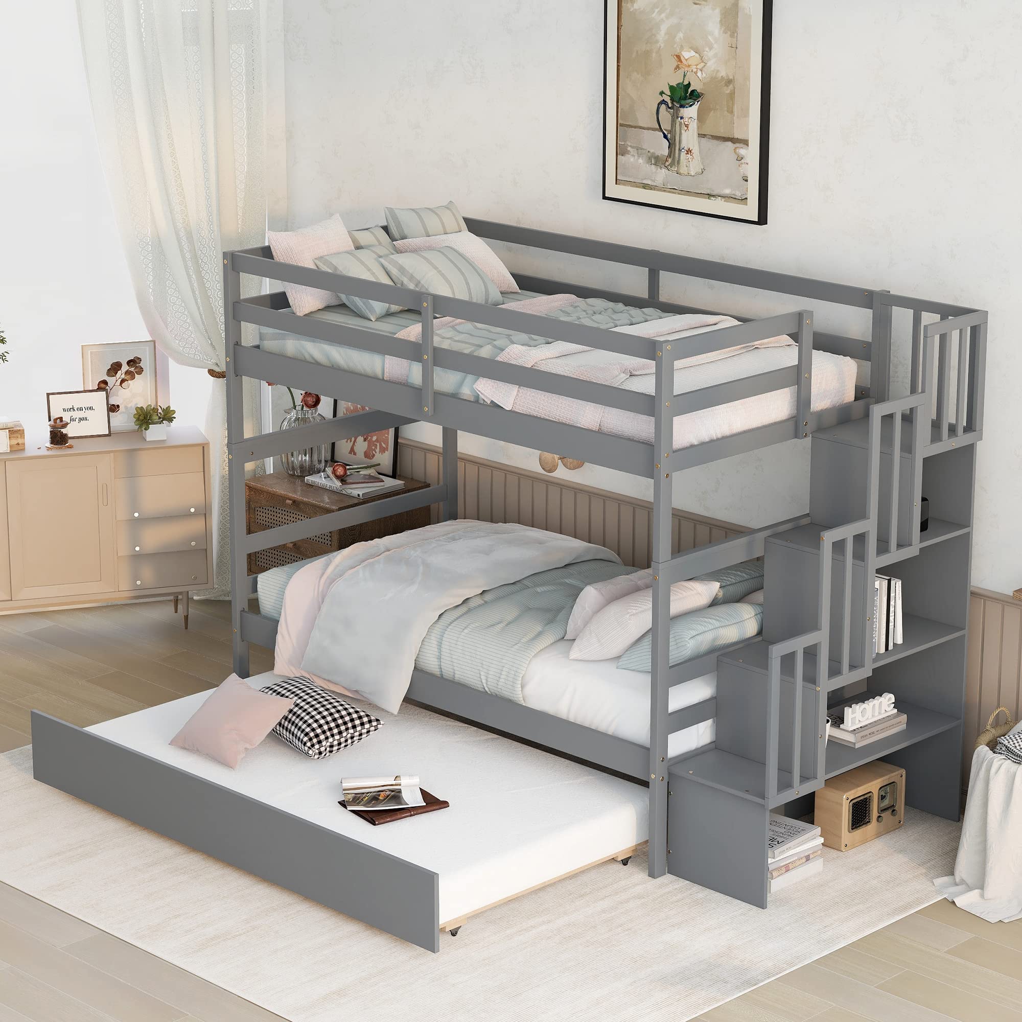 Harper & Bright Designs Twin Over Twin Bunk Bed with Trundle, Storage Shelf & Staircase - Solid Wood Bunk Bed for Kids, Teens & Adults - Space Saving Bedroom Furniture for Small Rooms & Guest Rooms (Grey, Twin/Twin)