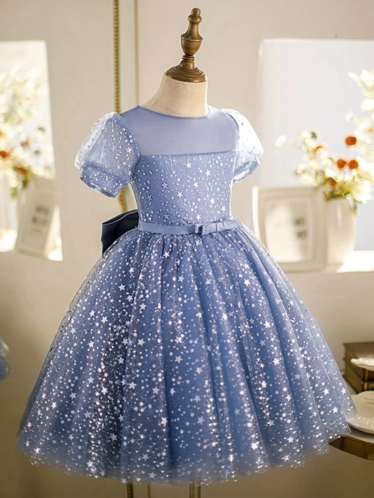 Blue Princess Round Tulle Flower Girl Dress - Elegant Baptism, First Communion & Wedding Party Attire