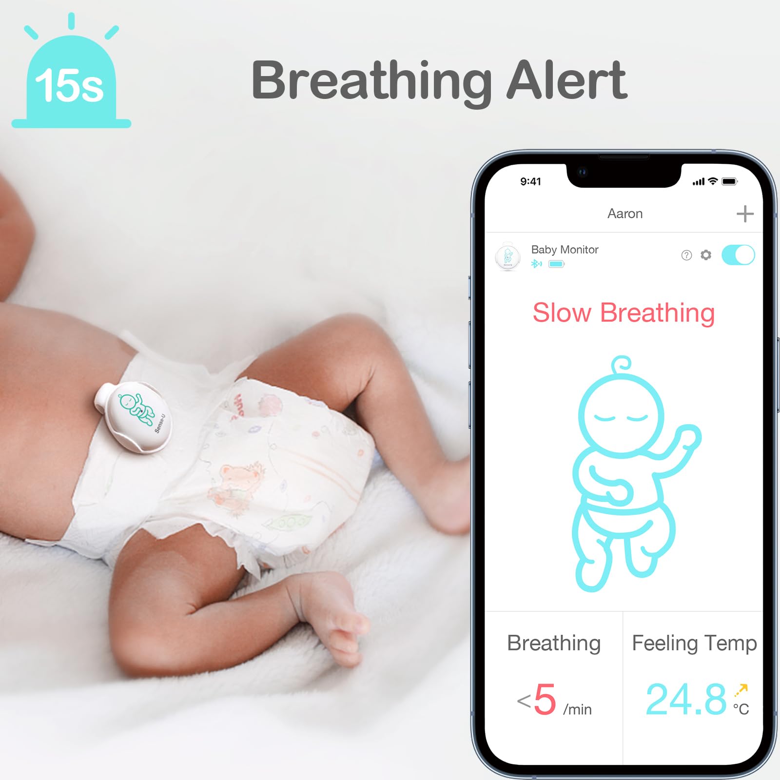 Sense-U Smart Baby Breathing Monitor - Track Baby's Breathing, Temperature, Rollover & Sleep Position for Infant Safety with Real-Time Smartphone Alerts | Ideal for Newborns, Nursery & Safe Sleep Monitoring