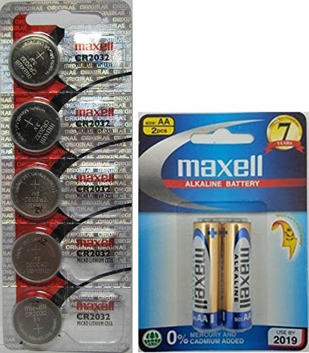 Maxell CR2032 Lithium Coin Cell Batteries (5-Pack) & 2 AA LR6 Alkaline 1.5V Mercury-Free Batteries - Long-Lasting Power for Watches, Key Fobs, Calculators, and Electronic Devices