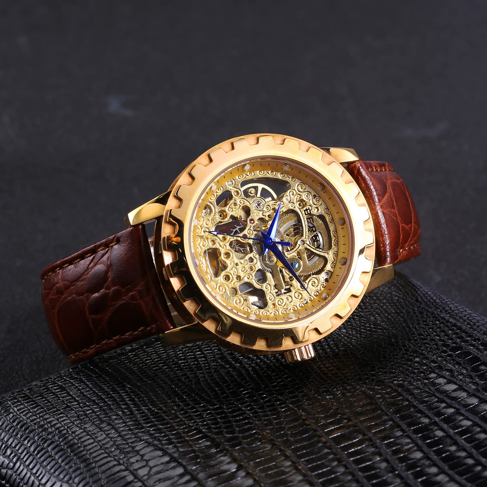 BERNY Luxury Automatic Skeleton Men's Watch - Gold Stainless Steel Dress Watch with Exhibition Back, Luminous Markers & Waterproof - Perfect for Business, Formal Events & Gift Giving