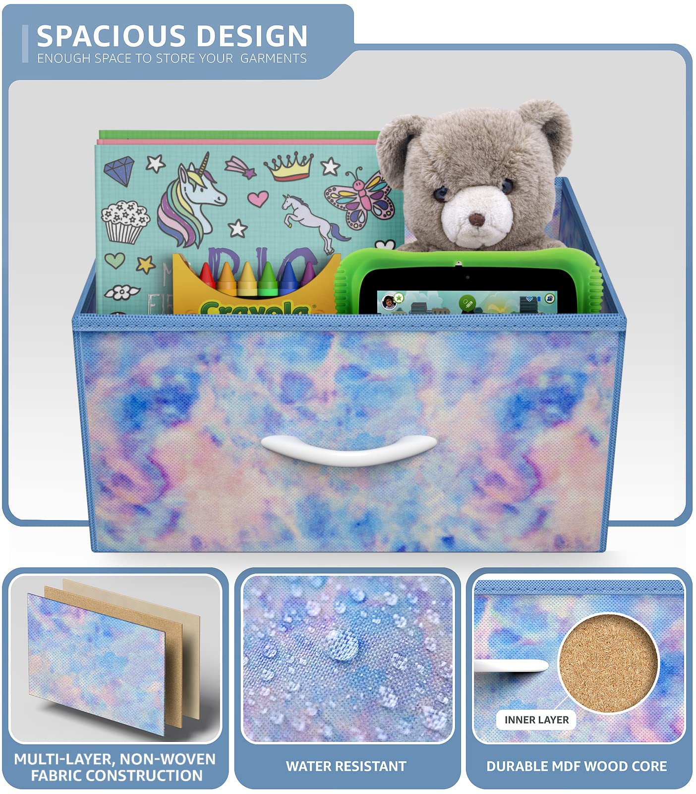 Sorbus 5-Drawer Fabric Dresser for Kids - Tall Storage Tower with Wood Handles & Steel Frame, Tie-Dye Blue - Perfect for Nursery, Playroom & Closet Organization | Kids Clothing Organizer & Toy Storage Solution