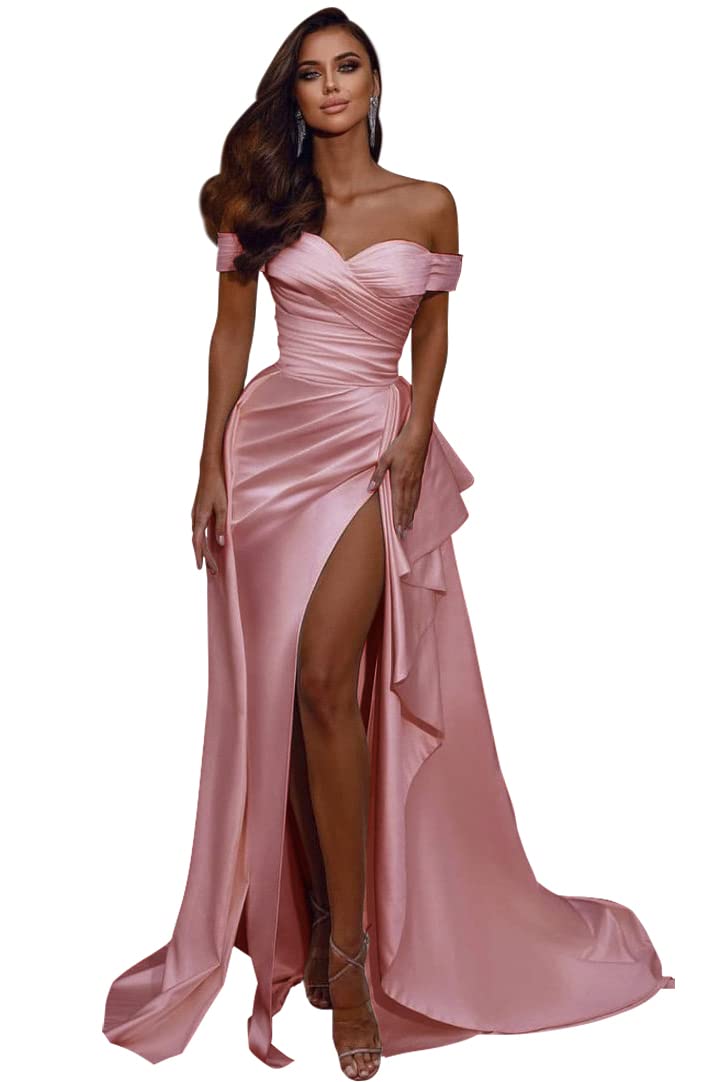 Elegant Off Shoulder Prom Dresses 2024 | Mermaid Slit Formal Evening Gowns | Satin Wedding Party Dresses for Women | Perfect for Homecoming, Prom Night & Black Tie Events