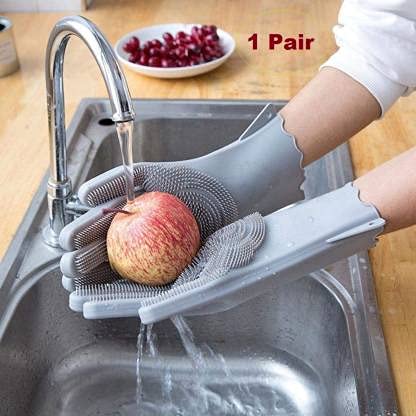 Heat Resistant Reusable Silicone Cleaning Gloves with Scrubber - Dish Washing, Kitchen Cleaning & Pet Hair Removal - 1 Pair Multicolor VR Brite Magic Gloves for Safe Cooking & Household Chores