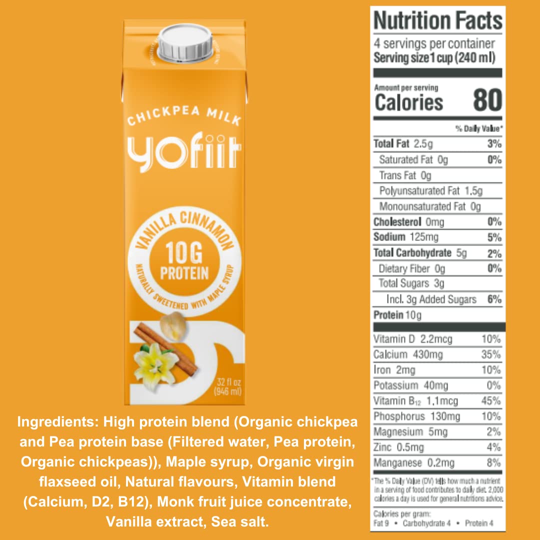 Yofiit Vanilla Cinnamon Plant-Based Milk with Pea Protein & Flax | High Protein Vegan Non-Dairy Milk Alternative (10g Protein) | Shelf-Stable Dairy-Free Coffee Creamer | 6 Pack | Perfect for Smoothies, Coffee & Baking