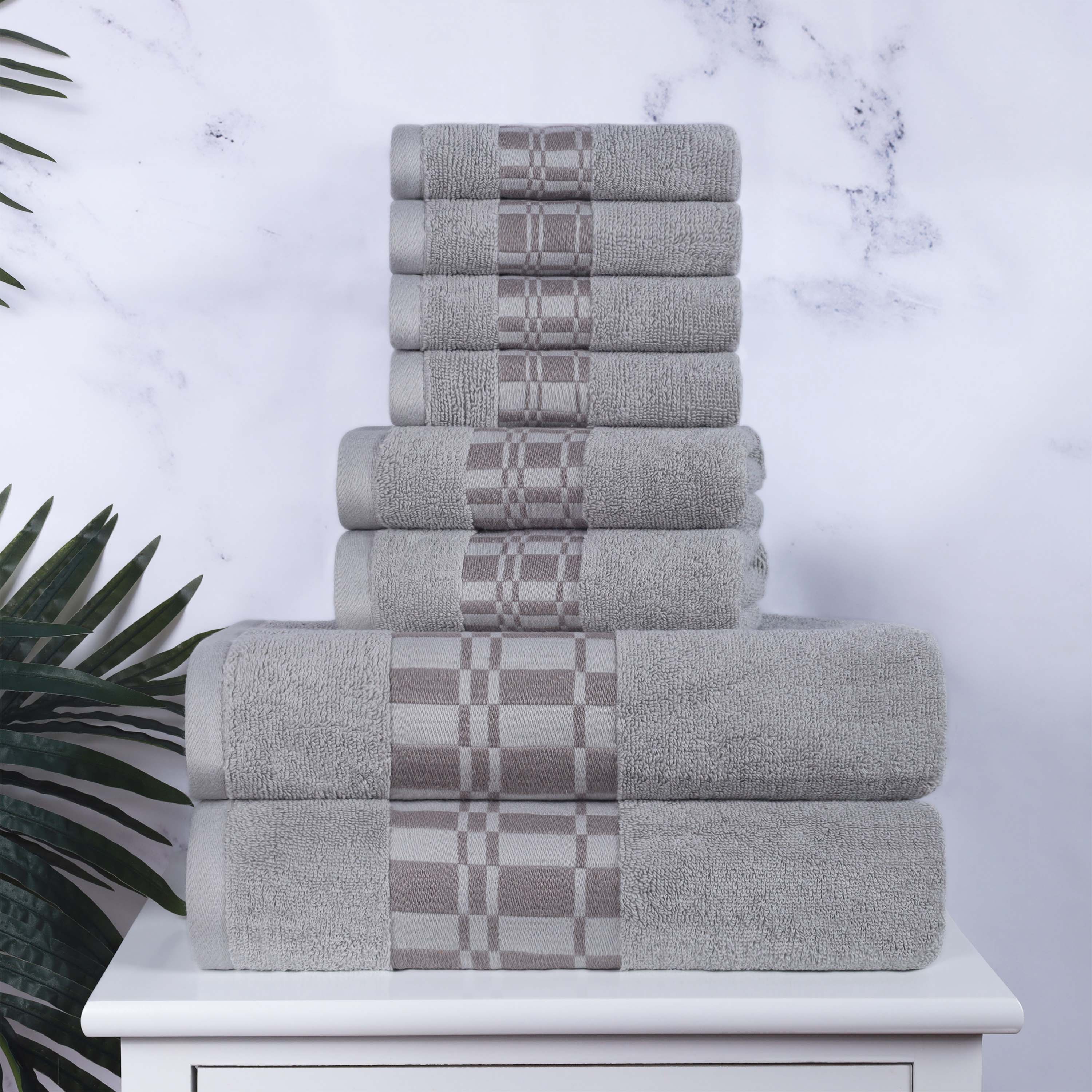 Larissa Cotton Geometric Embroidered Border 8-Piece Towel Set | Soft Bath & Beach Towels for Spa, Pool & Home Decor