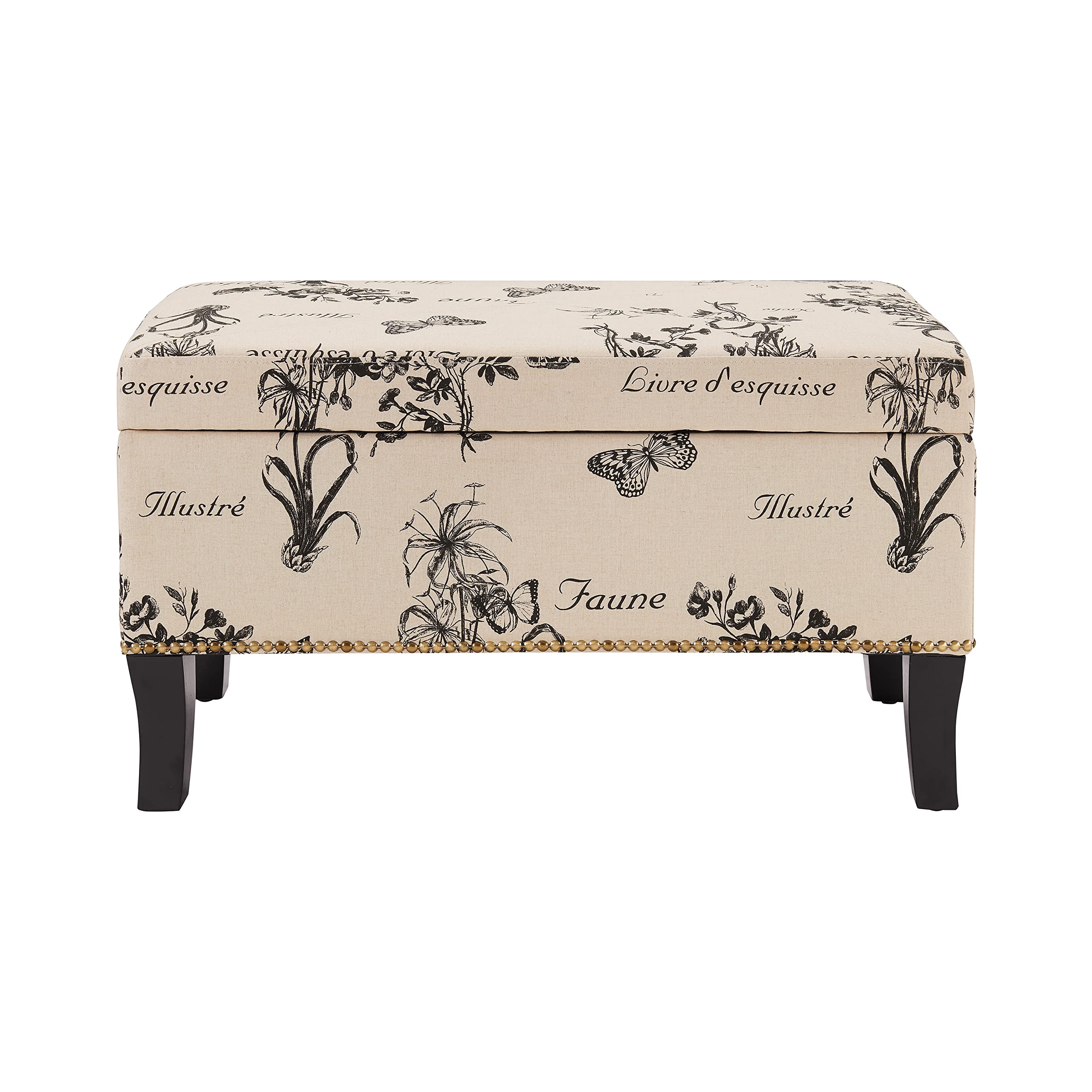 Linon Stephanie Ottoman with Botanical Linen Fabric - Stylish Footrest & Storage Bench for Living Room, Bedroom or Nursery - Perfect Home Decor Accent Piece