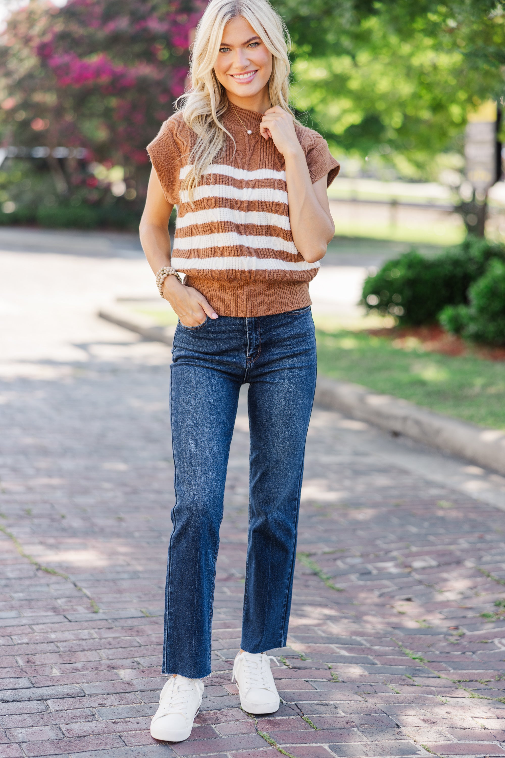 Camel Brown Striped Cable Knit Sweater Top for Women - Cozy Winter Pullover with Classic Cable Pattern - Perfect for Casual Outfits, Office Wear & Holiday Gatherings