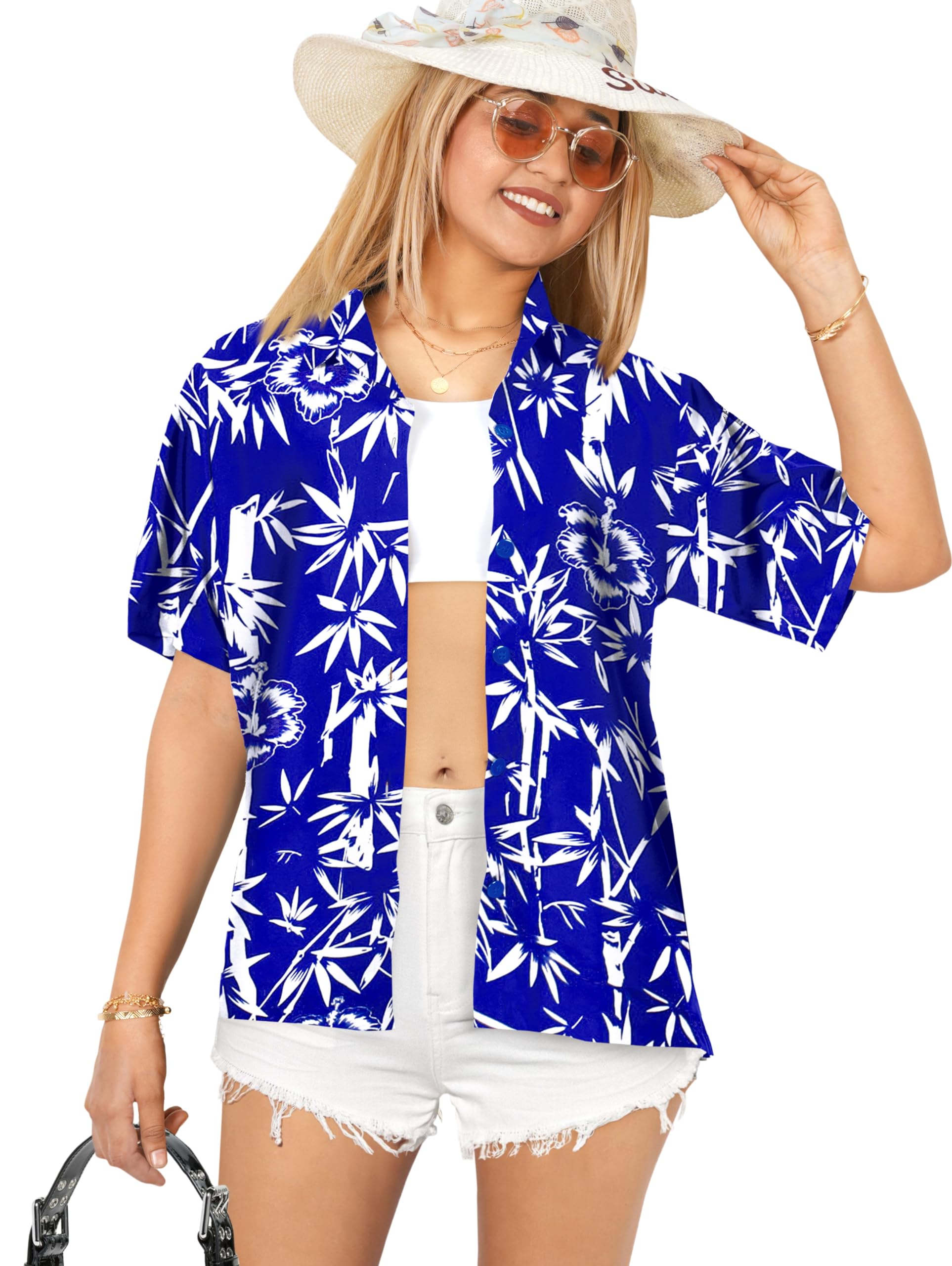 LA LEELA Women's Hawaiian Short Sleeve Blouse - Floral Beach Shirt for Summer Vacation, Pool Party & Tropical Getaway
